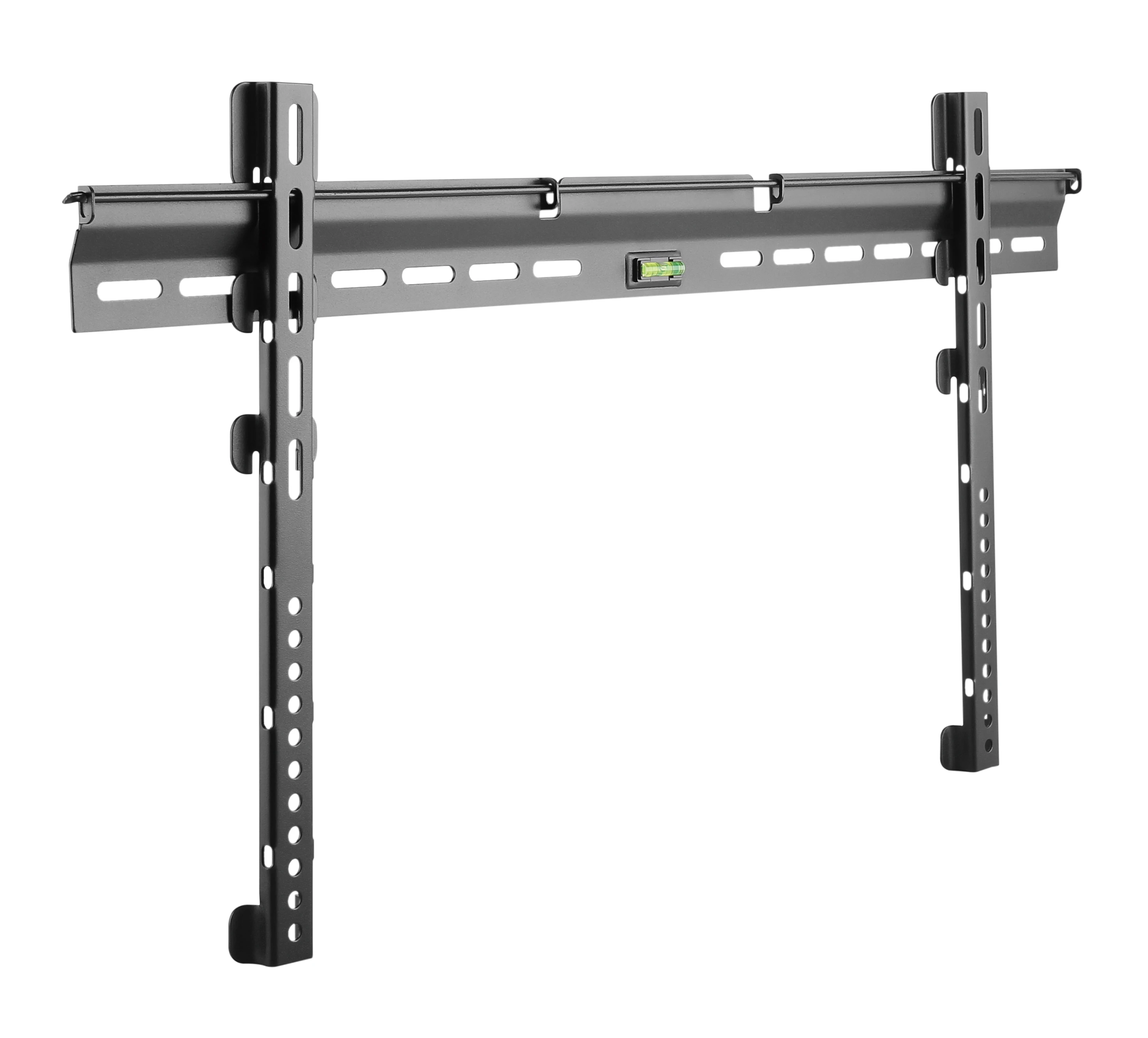 Un soporte de pared para TV negro con un nivel y soportes ajustables, aislado sobre fondo blanco.