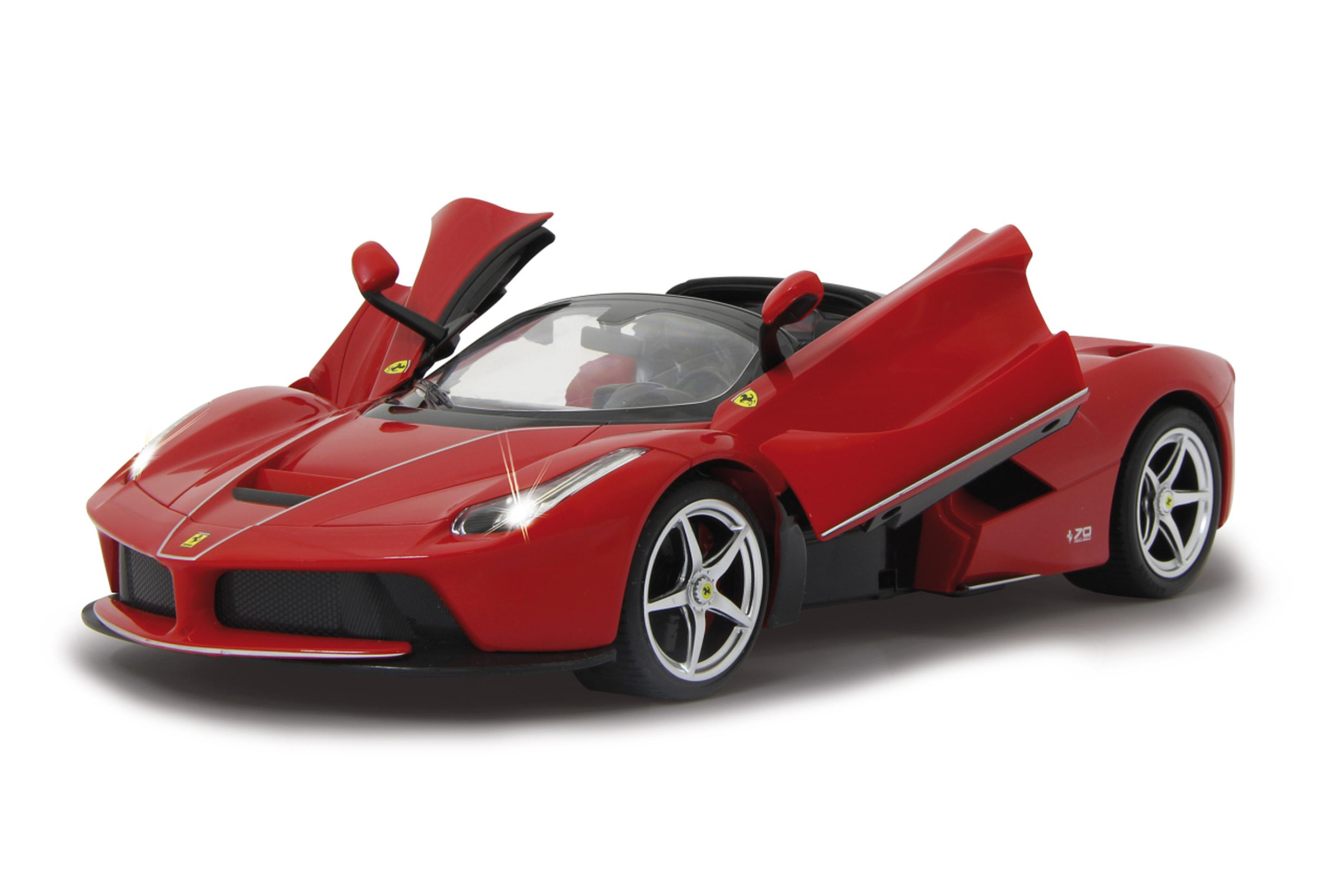 Ein roter LaFerrari mit geöffneten Türen, der sein schlankes Design und seine silbernen Räder vor einem weißen Hintergrund präsentiert.