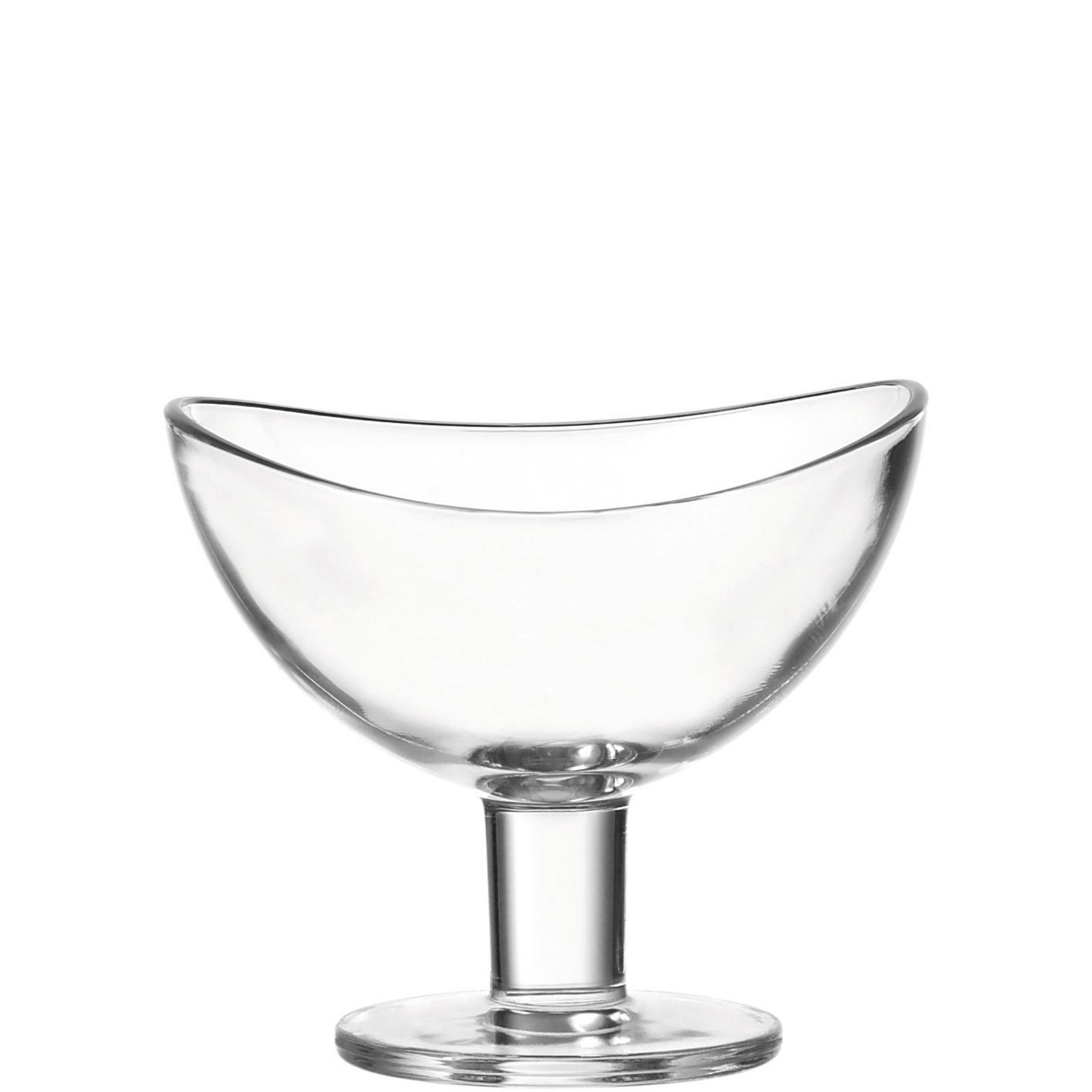 Klares Glasdessertgeschirr mit kurzem Stiel und breiter, flacher Schale. Studioaufnahme, weißer Hintergrund.