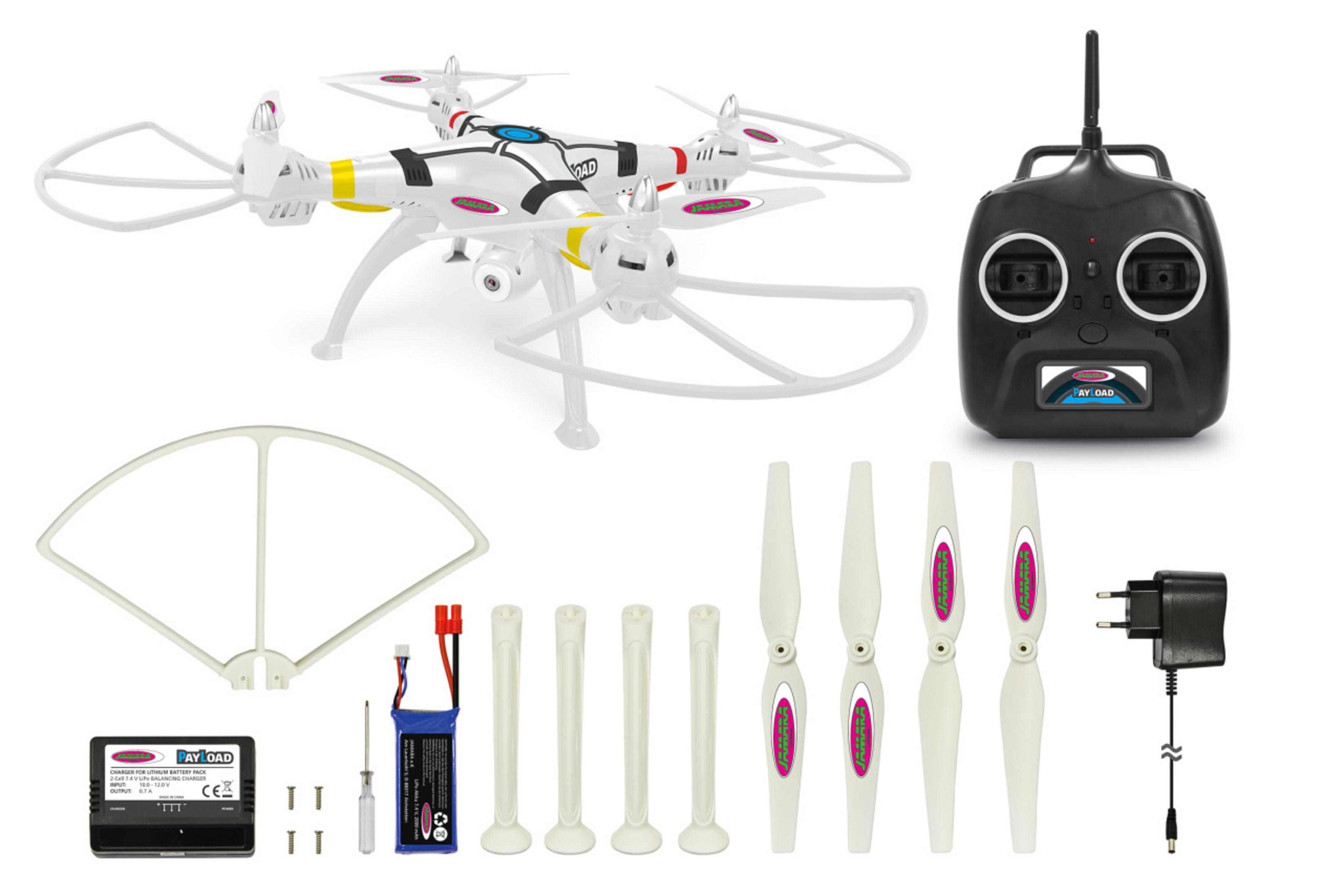 Biały dron, pilot zdalnego sterowania i akcesoria rozłożone na białym tle na zdjęciu studyjnym.