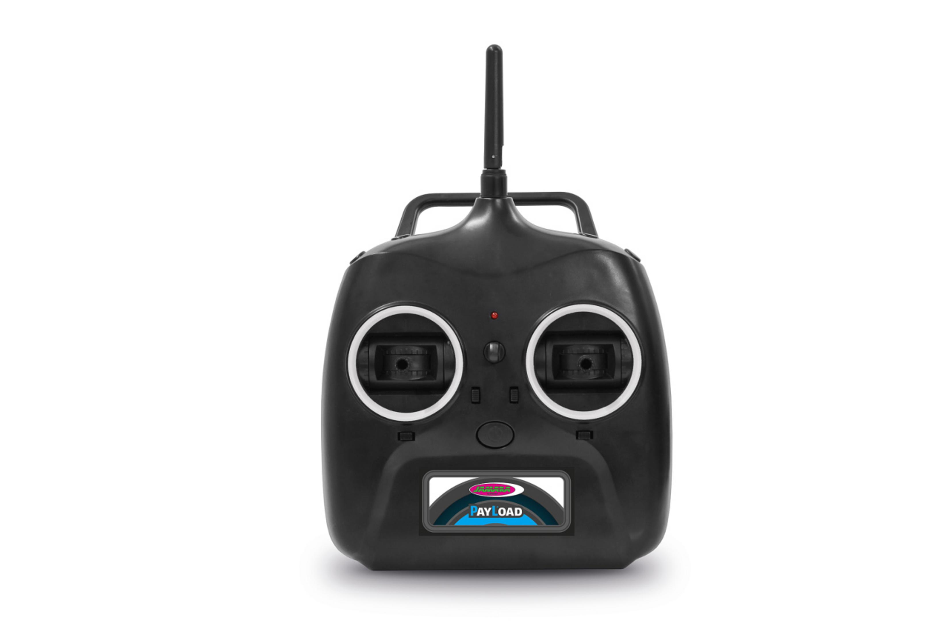 Czarny pilot zdalnego sterowania z dwoma joystickami i małym ekranem na dole. Zdjęcie studyjne, białe tło.