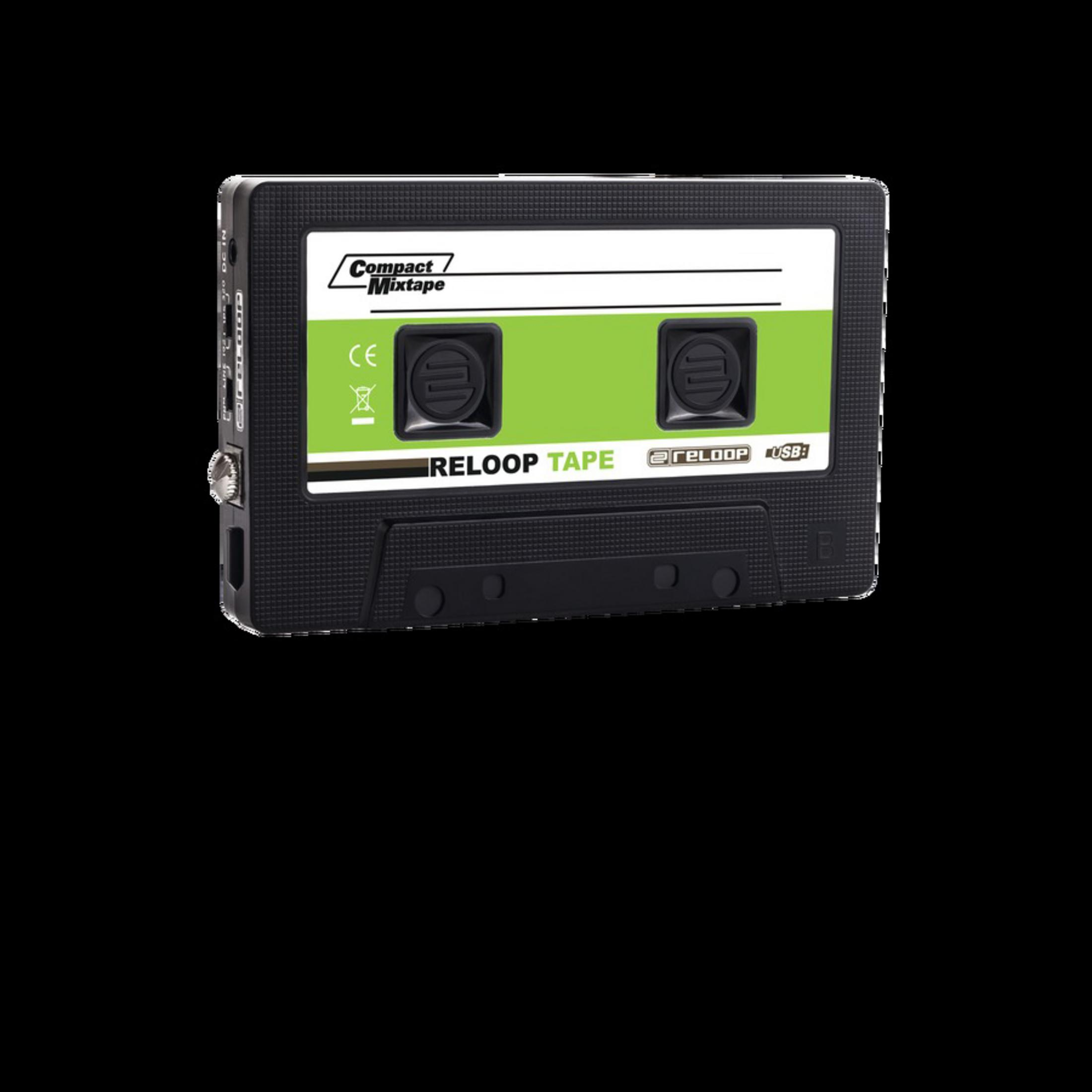 Schwarzes kassettenförmiges Gerät mit grünem Etikett, mit den Aufschriften 'Compact Mixtape' und 'RELOOP TAPE'.