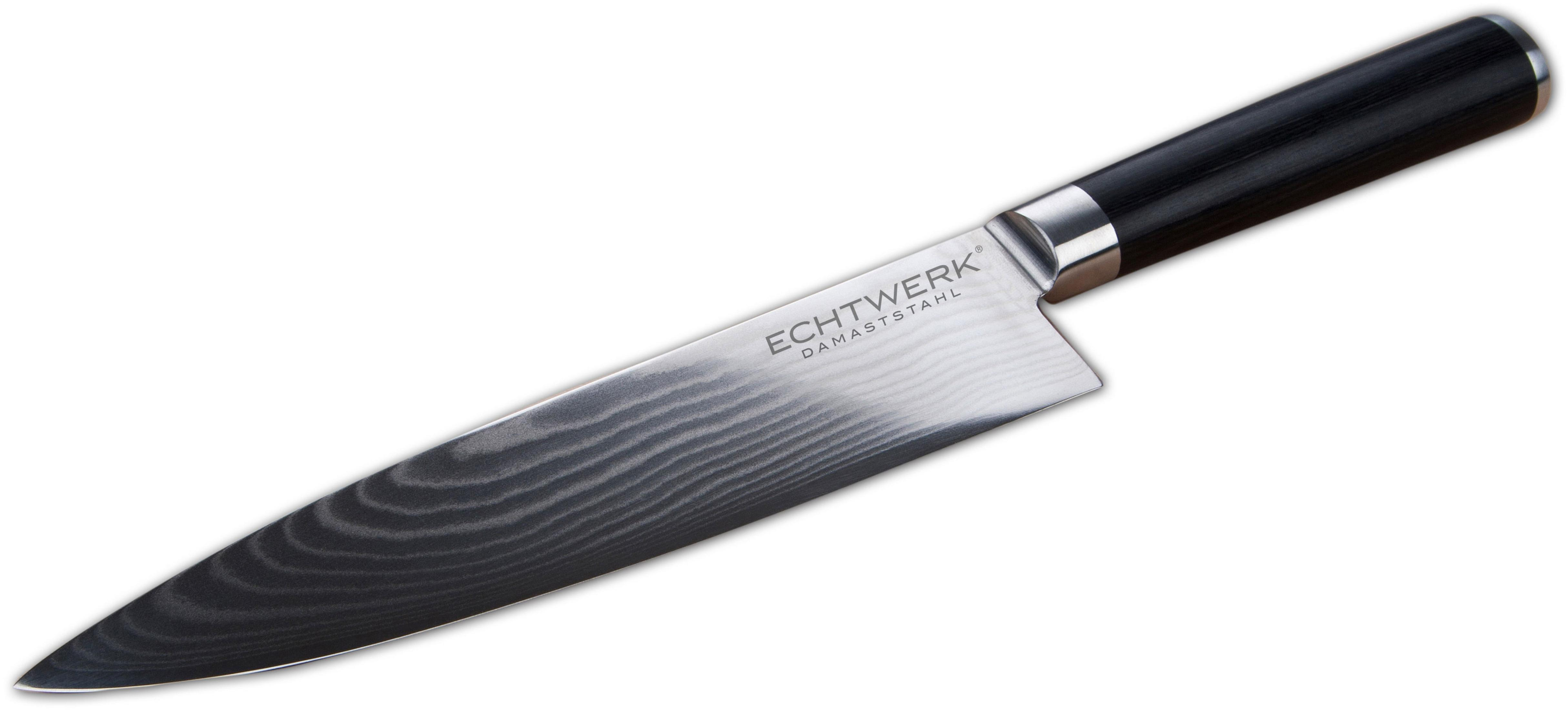 Echtwerk Damaststahl Messer mit schwarzem Griff auf einem weißen Hintergrund.