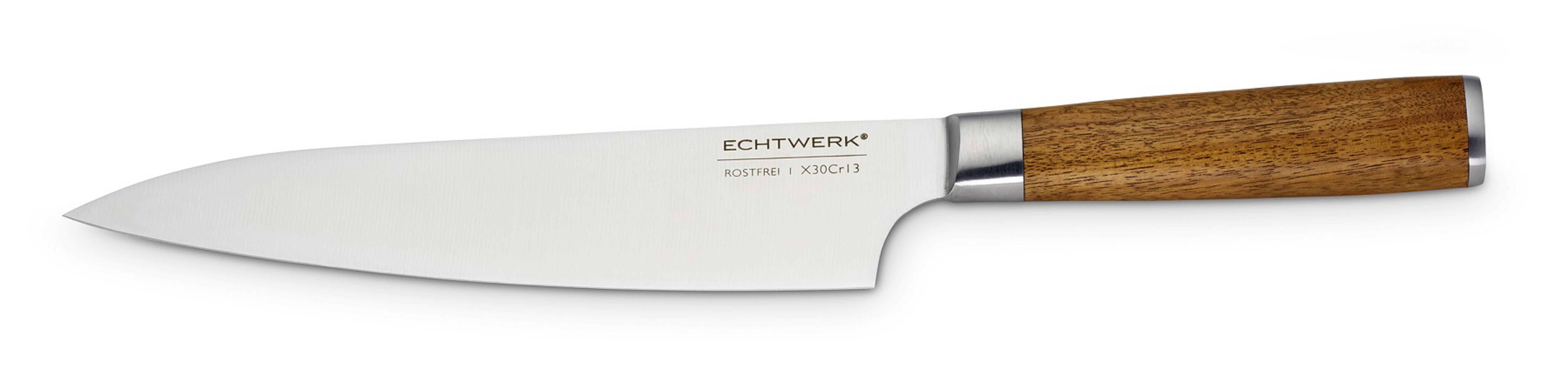 Ein silbernes Messer mit einem Holzgriff ist horizontal auf einem weißen Hintergrund zentriert.