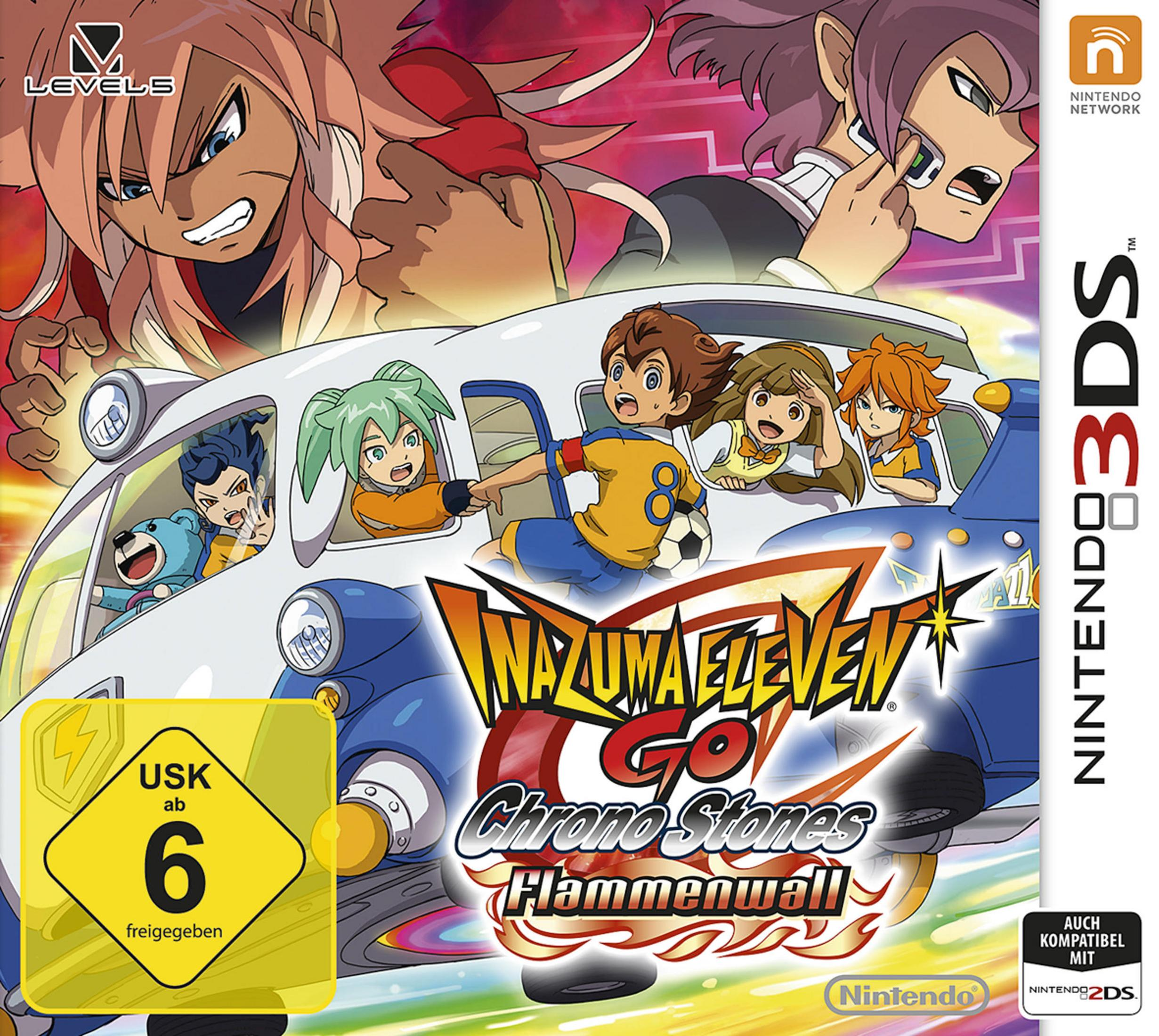 Das Inazuma Eleven Go Chrono Stones: Flammenwall-Spielcover für Nintendo 3DS wird angezeigt.