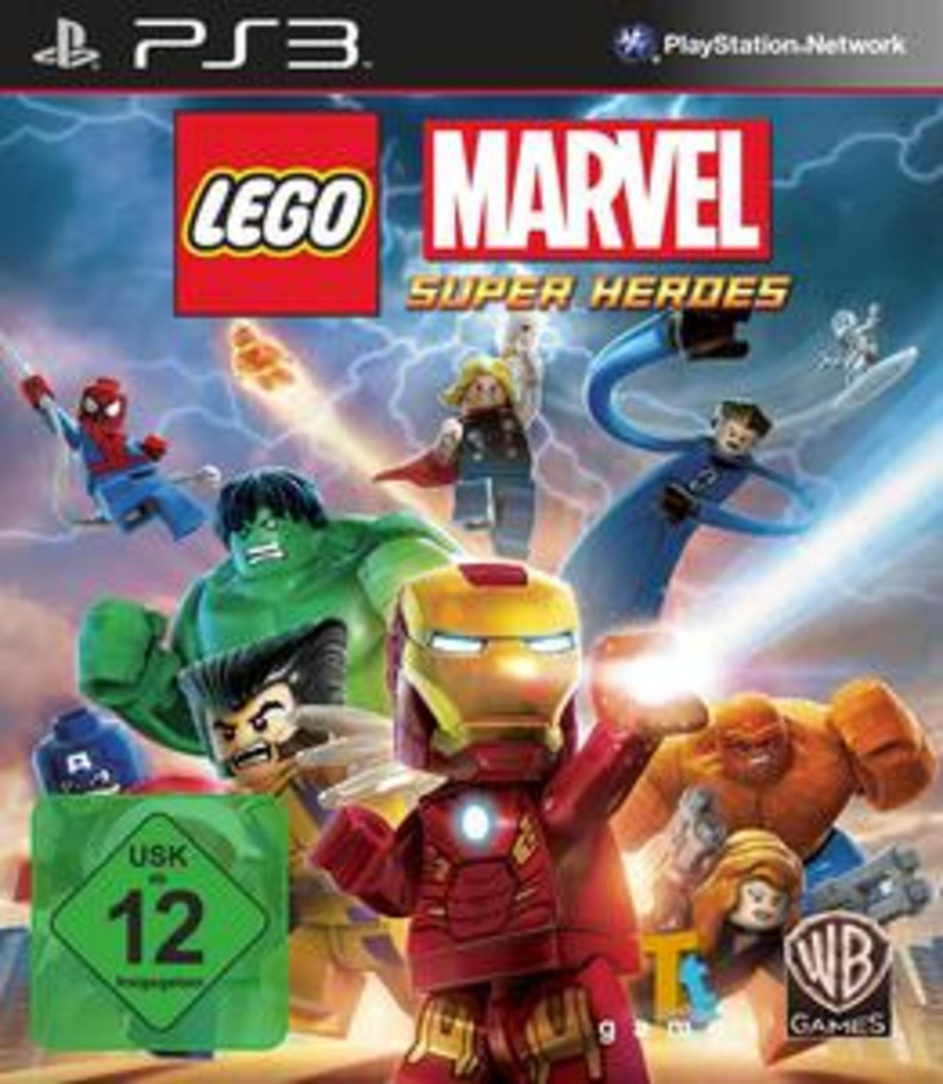Lego Marvel Super Heroes PS3-Spielcover mit Lego-Versionen von Marvel-Charakteren.