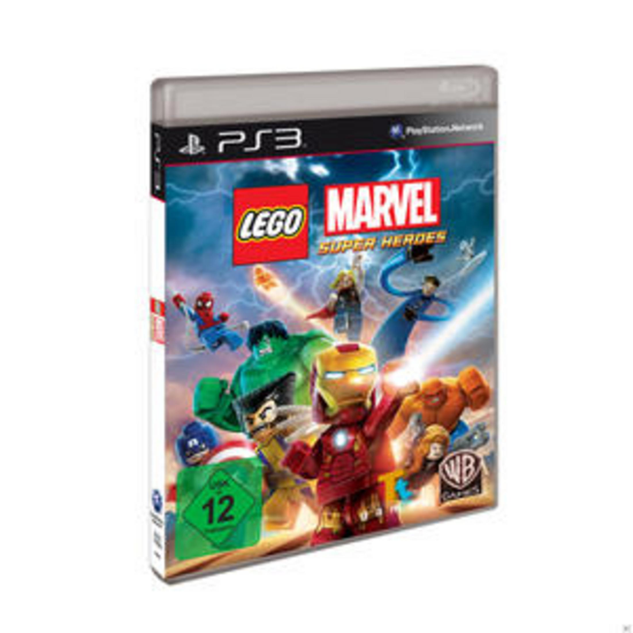 Lego Marvel Super Heroes PS3-Spielcover mit Lego-Versionen von Marvel-Charakteren.