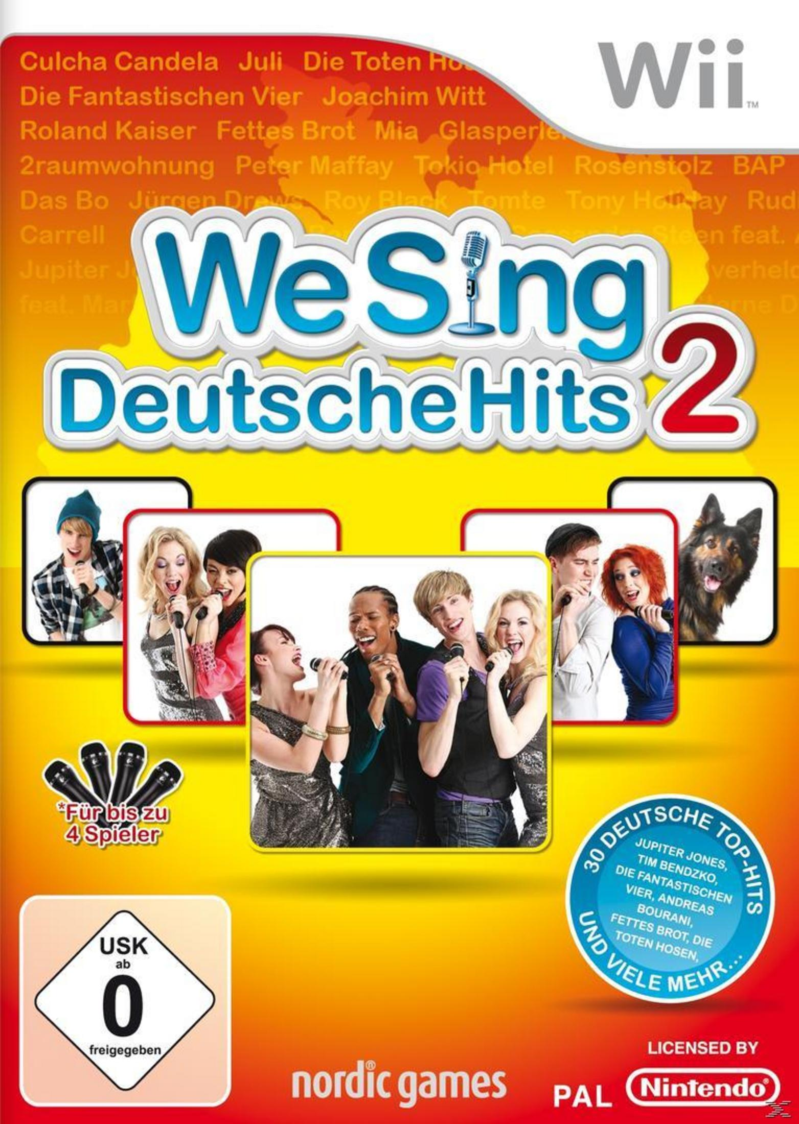 "We Sing Deutsche Hits 2" Wii-Spielcover mit Sängern und einem Hund vor einem farbenfrohen Hintergrund.