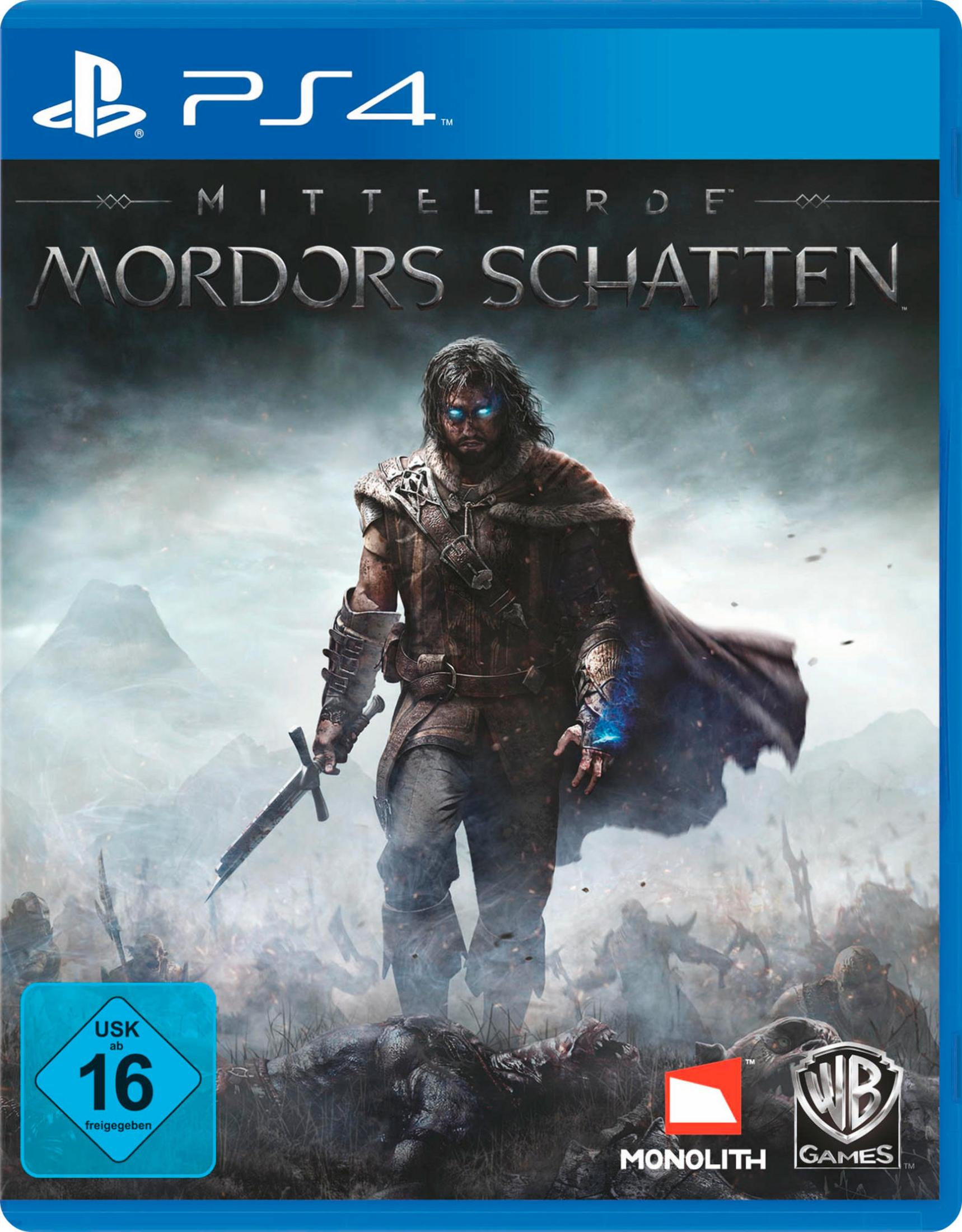 "Mittelerde: Mordors Schatten" PS4-Spielcover mit einem Krieger vor einer dunklen, bergigen Kulisse.