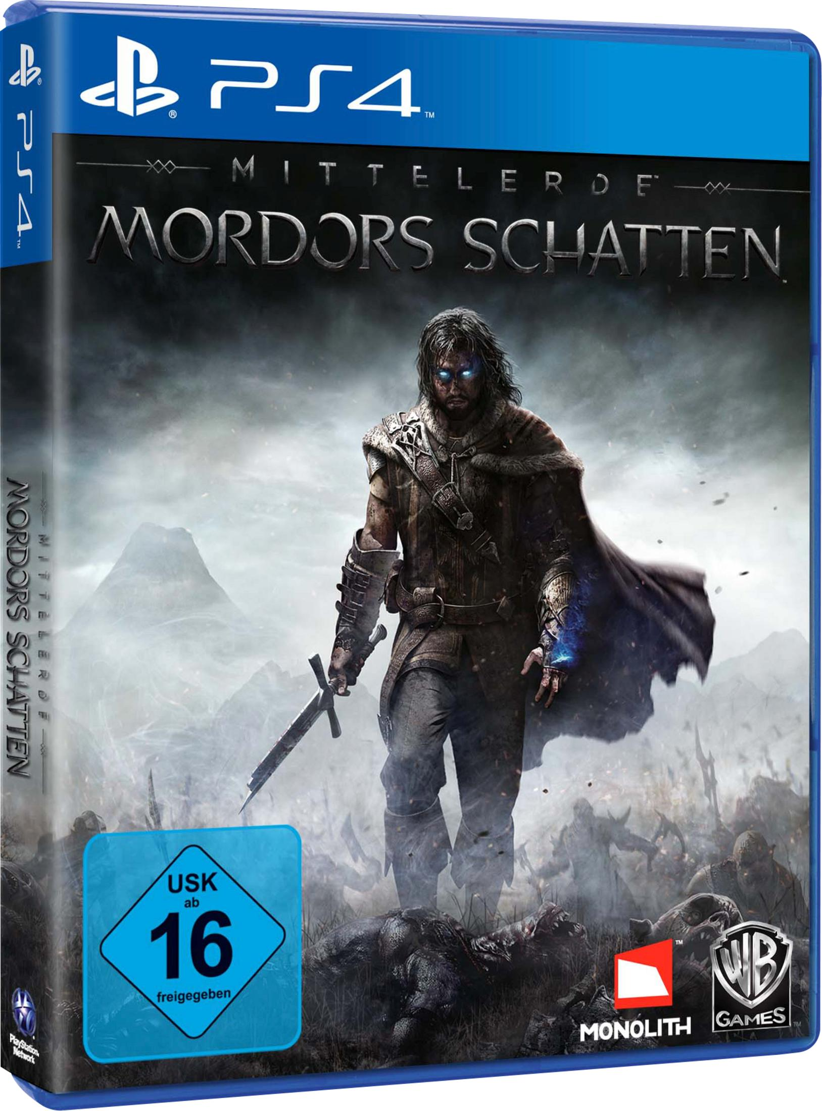 PS4-Spiel Mittelerde: Mordors Schatten Cover. Ein Mann mit einem Schwert steht über gefallenen Feinden.
