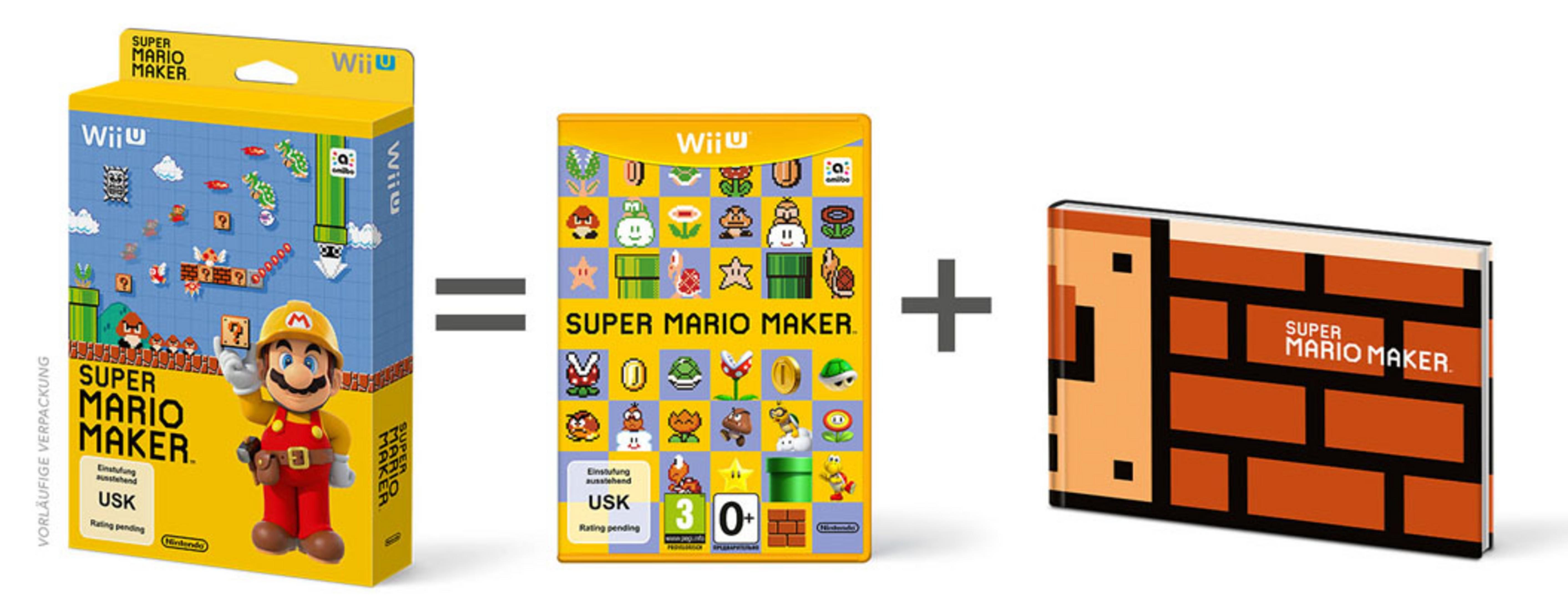 Drei Super Mario Maker-Artikel: die Spielbox, die Spielkassette und ein Backstein-Notizbuch.