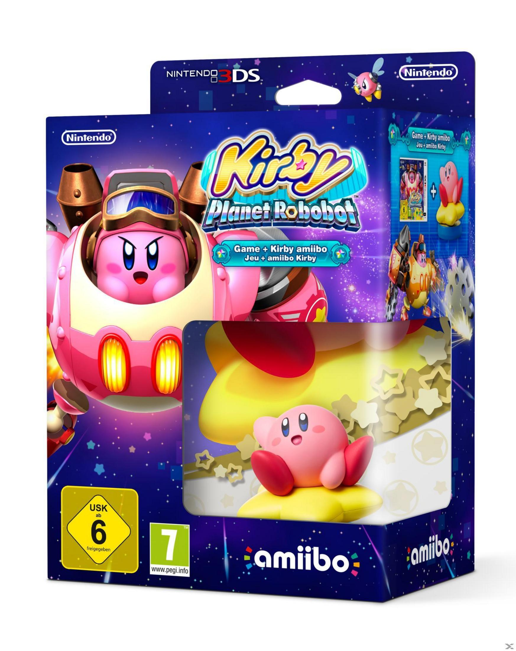 Das Cover von 'Kirby: Planet Robobot' zeigt Kirby in einem rosa Mech-Anzug und eine Kirby Amiibo-Figur.
