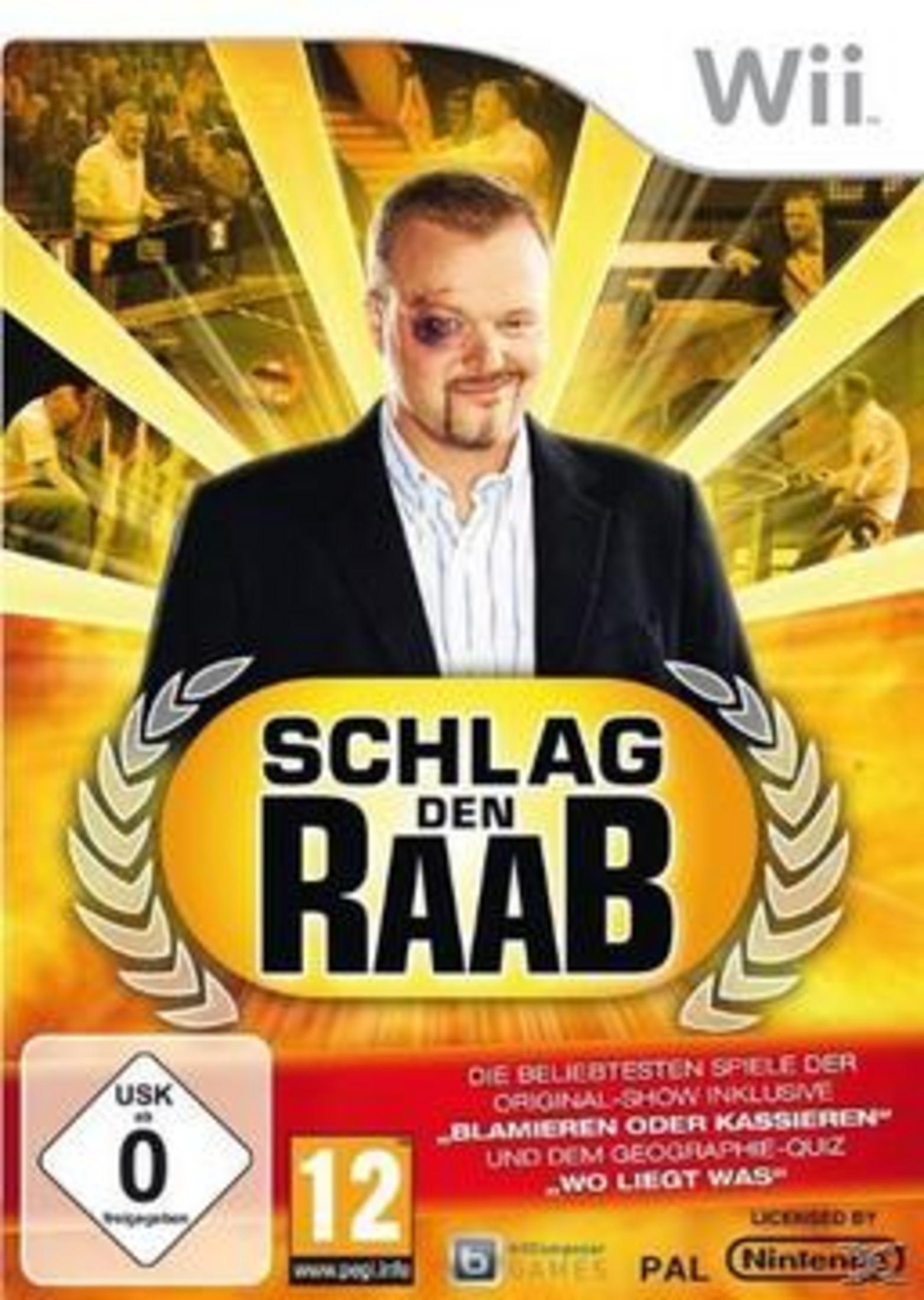Das Videospielcover „Schlag den Raab“ zeigt einen Mann mit einem blauen Auge auf goldenem Hintergrund.