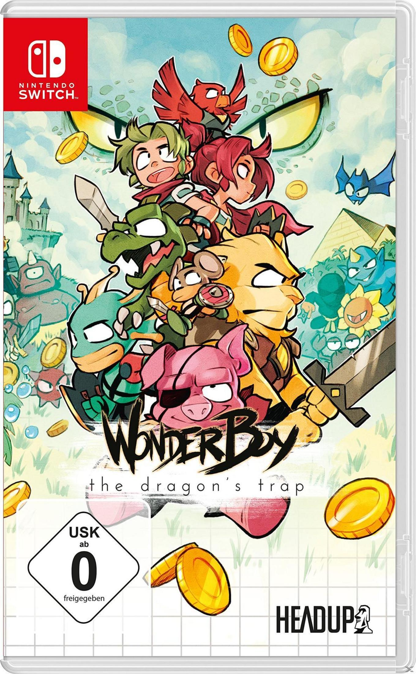 Das Cover des Wonder Boy-Spiels zeigt Zeichentrickfiguren, darunter ein Schwein, eine Eidechse und einen Jungen, umgeben von Goldmünzen.