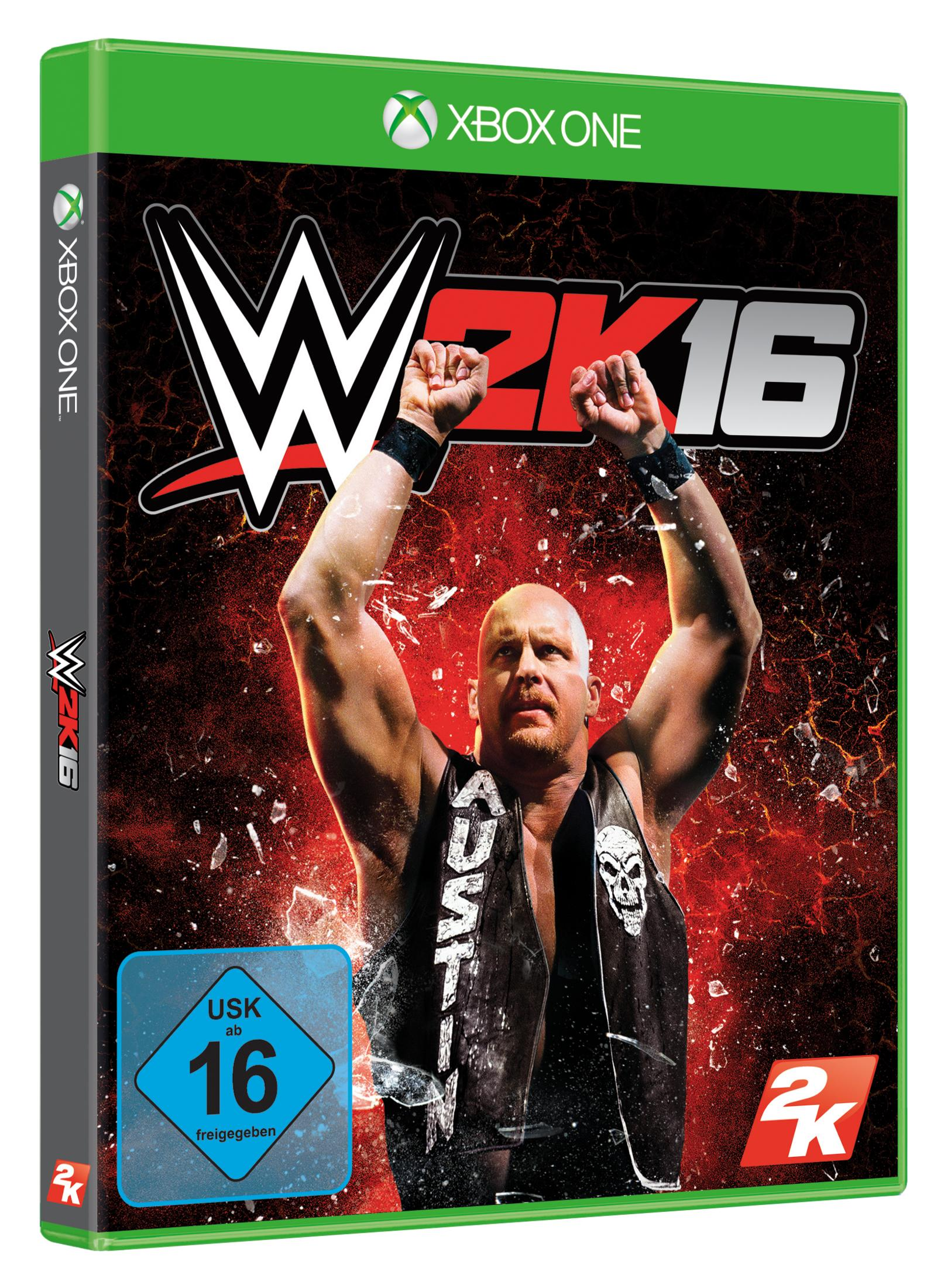 Xbox One-Spielcover für WWE 2K16 mit Stone Cold Steve Austin mit erhobenen Armen.