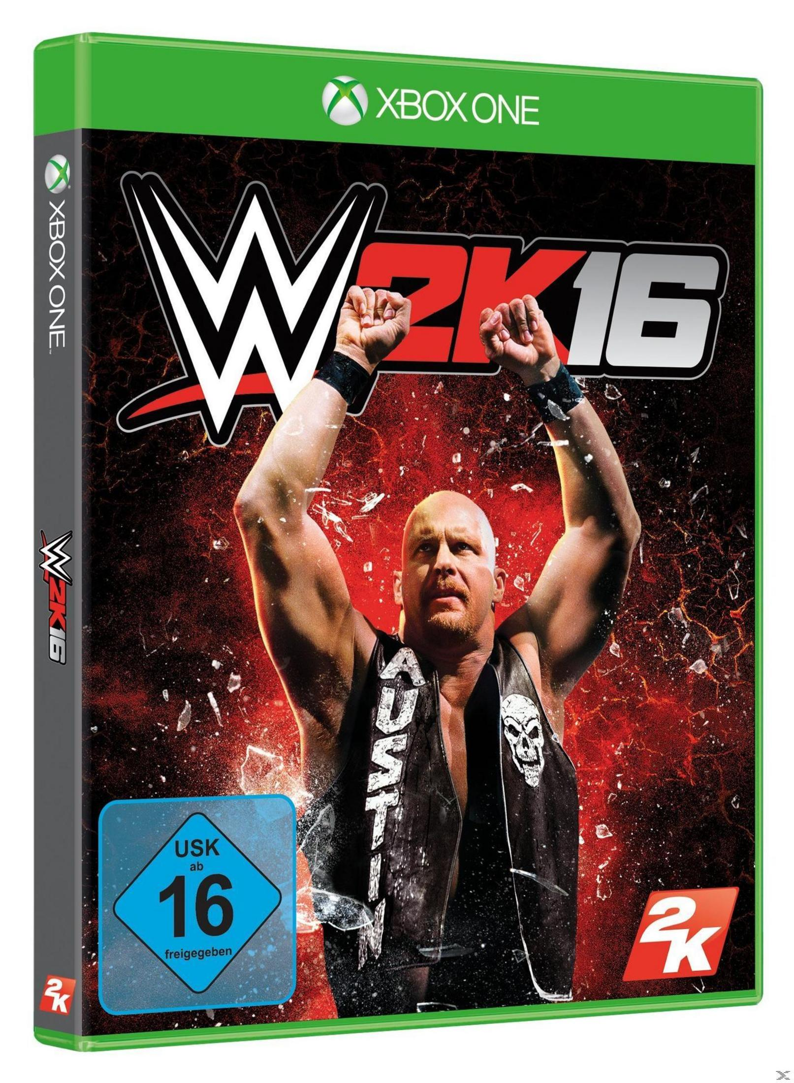 Xbox One-Spielcover für WWE 2K16 mit Stone Cold Steve Austin mit erhobenen Armen.