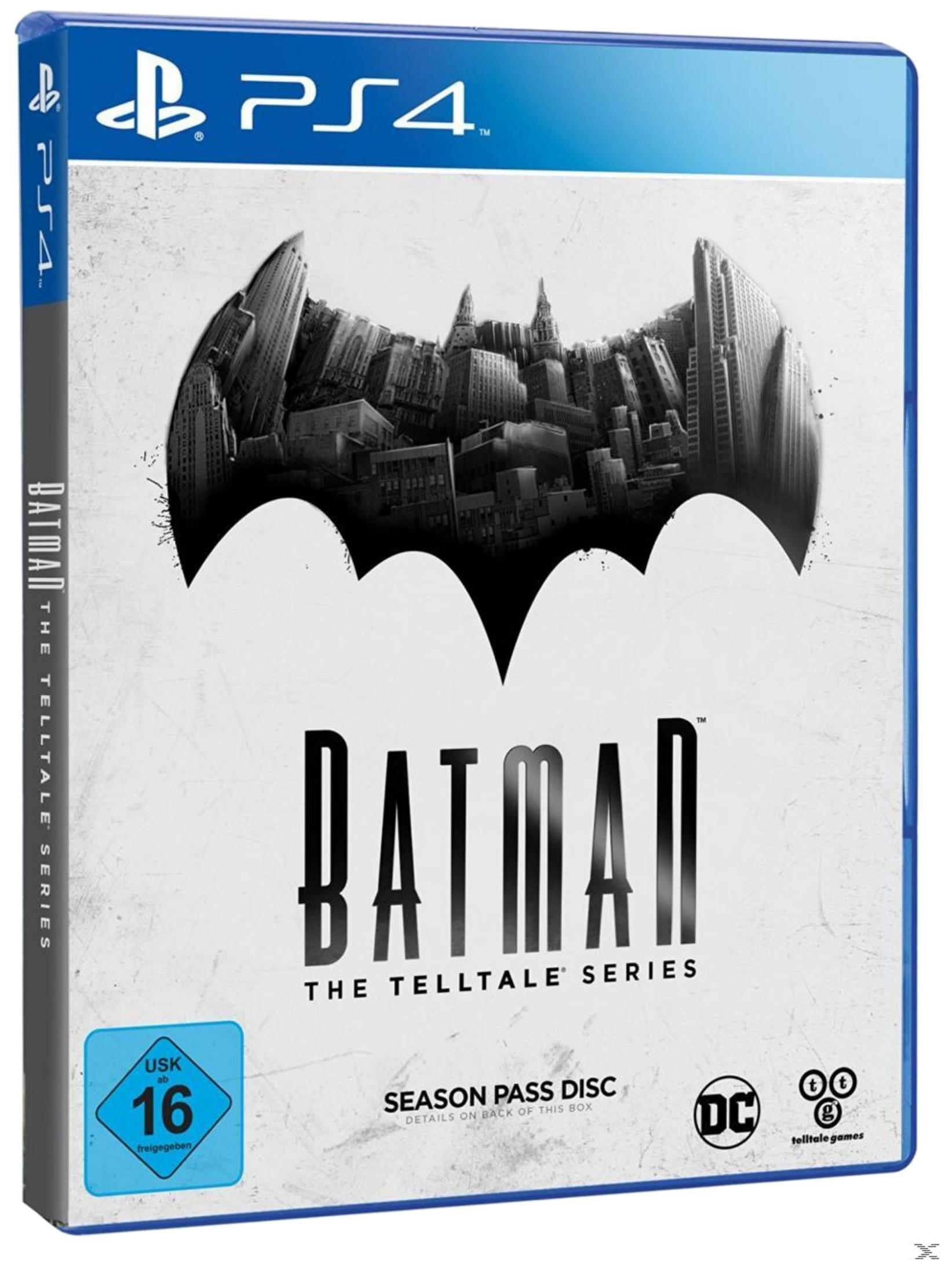 Batman: The Telltale Series-Spielcover mit einer Stadtsilhouette in Form des Fledermaussymbols.