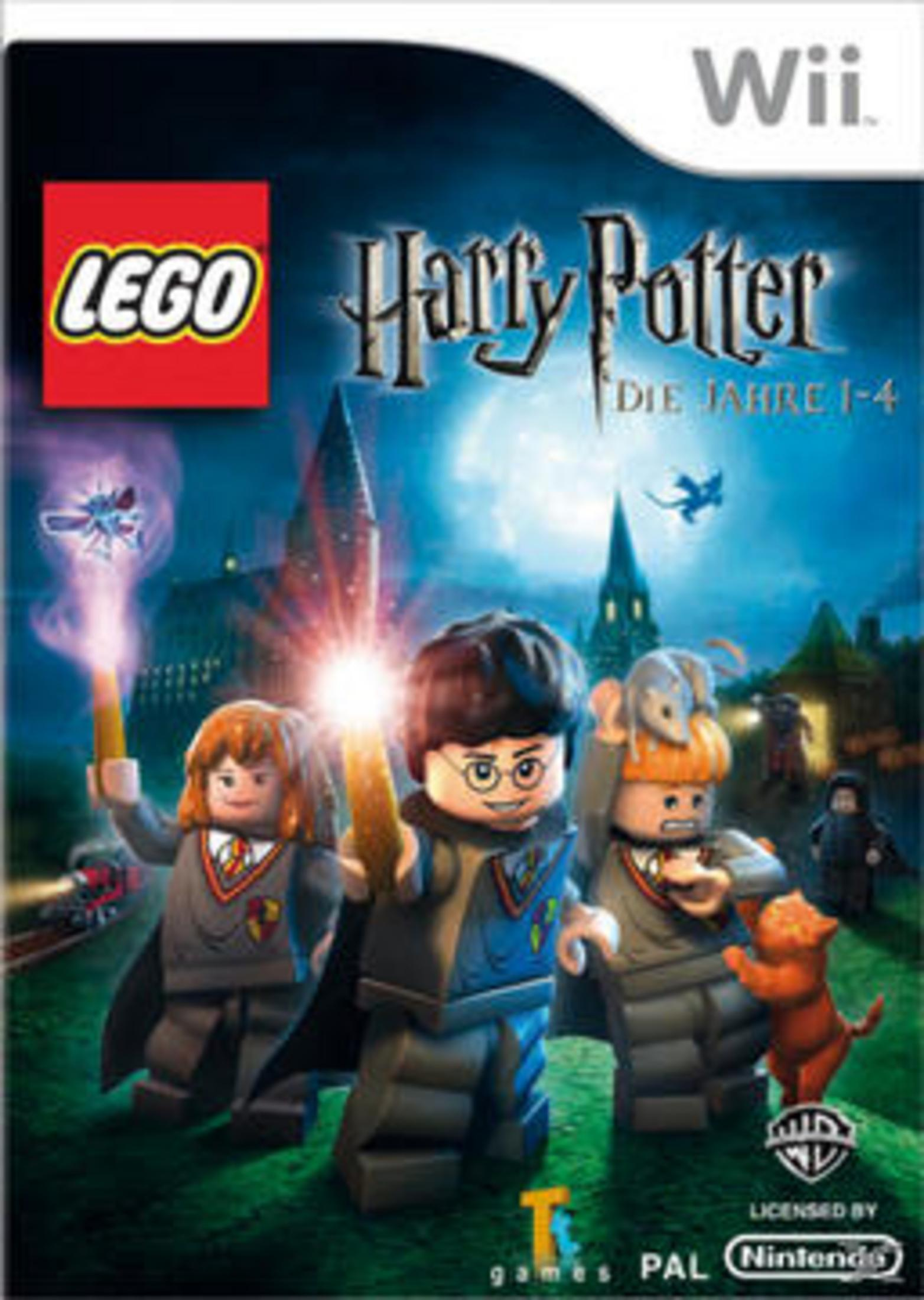Spielcover mit Lego Harry Potter-Figuren, die Zauberstäbe halten, vor dem Hintergrund von Hogwarts.