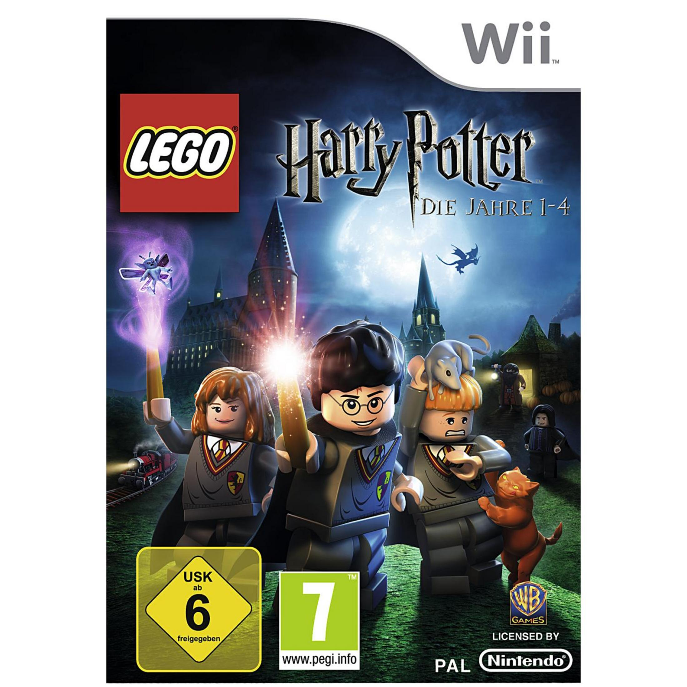 Spielcover mit Lego Harry Potter-Figuren, die Zauberstäbe halten, vor dem Hintergrund von Hogwarts.