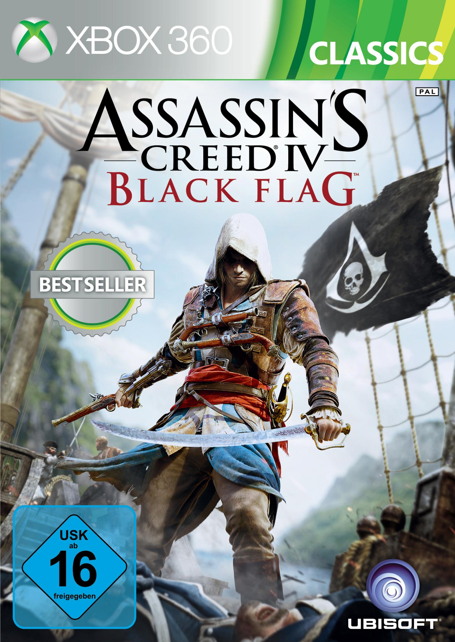 Das Spielcover zeigt eine Kapuzengestalt, die Schwerter hält, vor dem Hintergrund eines Piratenschiffs und des Ozeans.