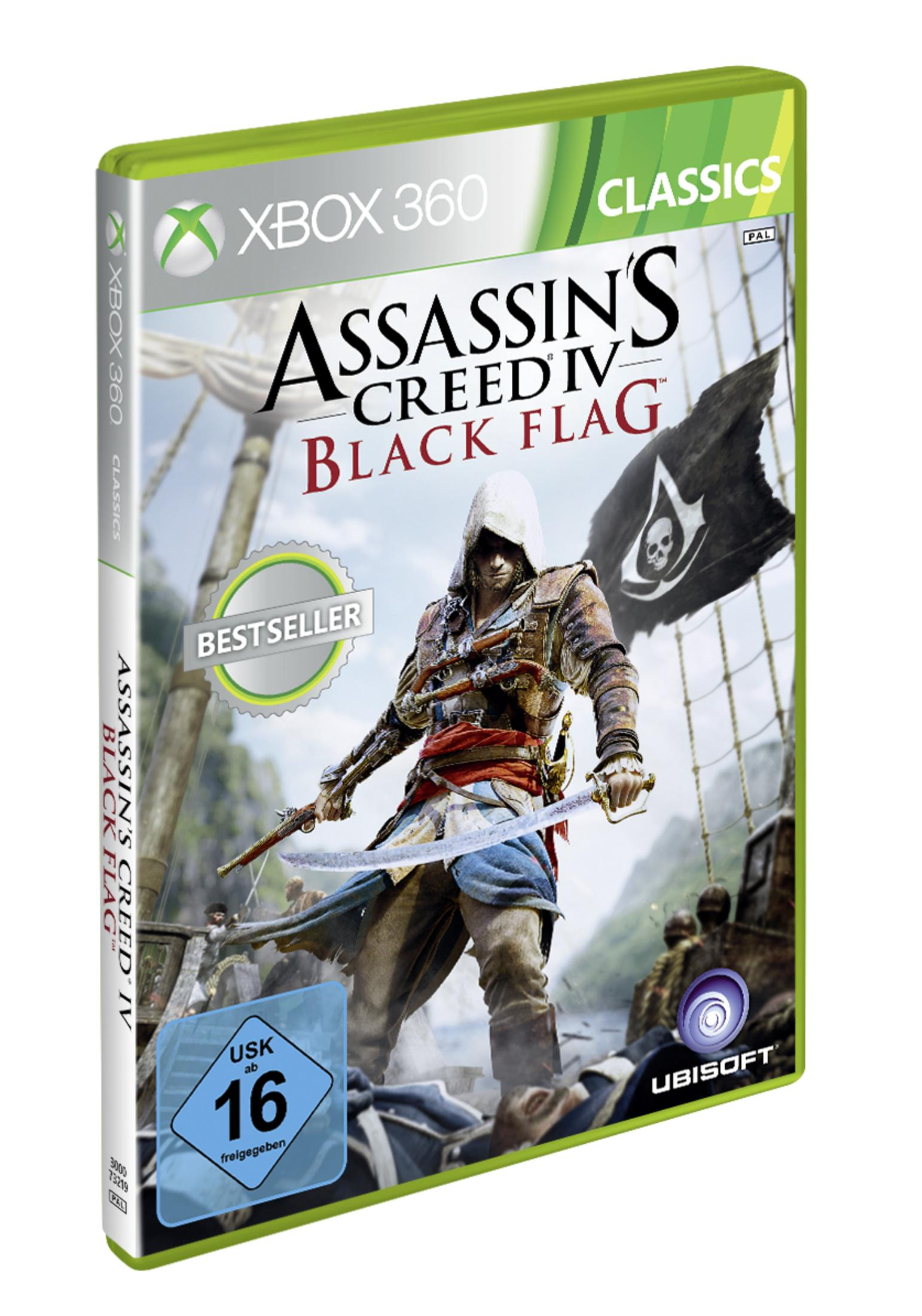 Das Spielcover zeigt eine Kapuzengestalt, die Schwerter hält, vor dem Hintergrund eines Piratenschiffs und des Ozeans.