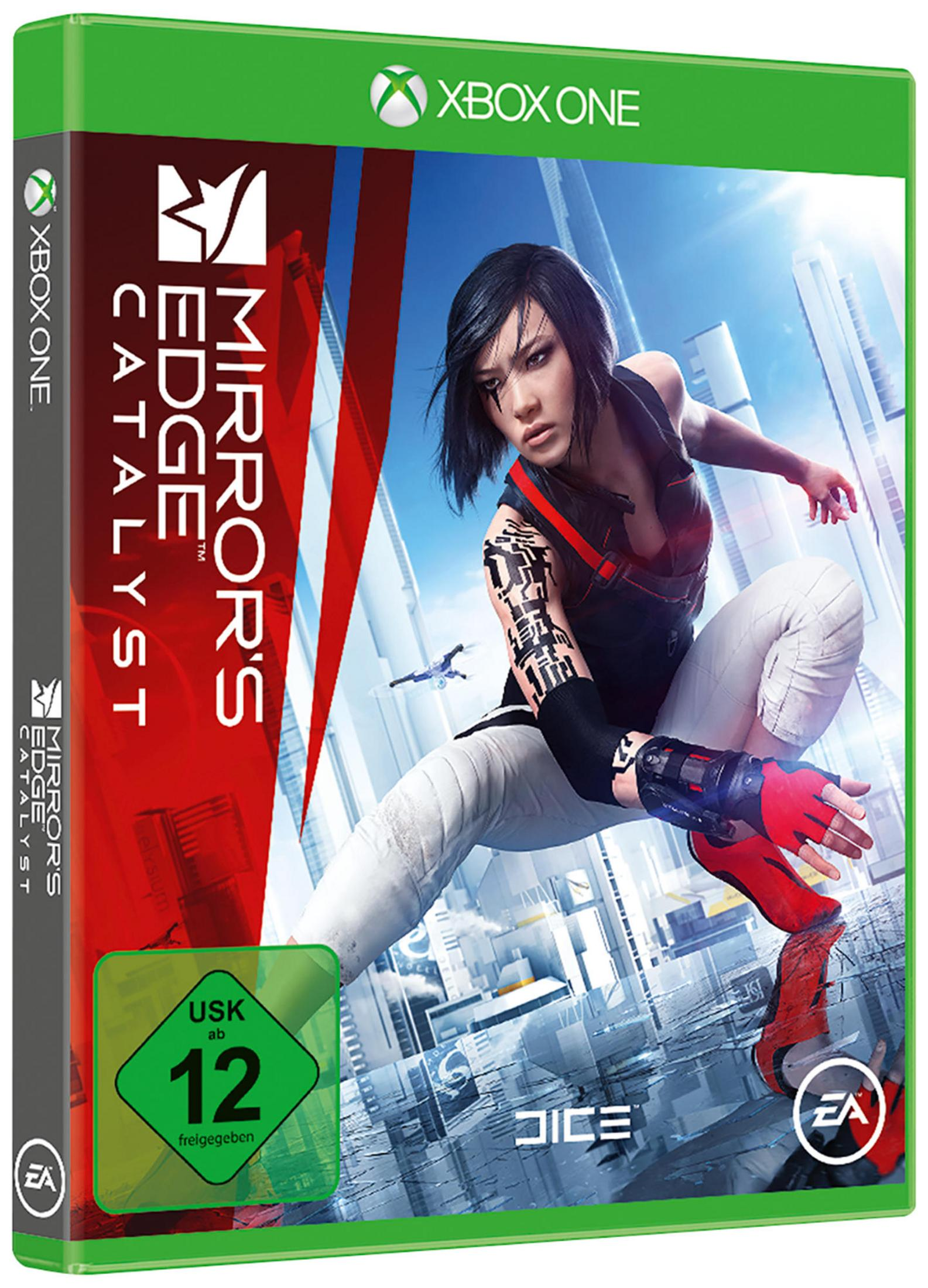 Spielcover von Mirror's Edge Catalyst: Eine Frau springt in einer futuristischen Stadt.