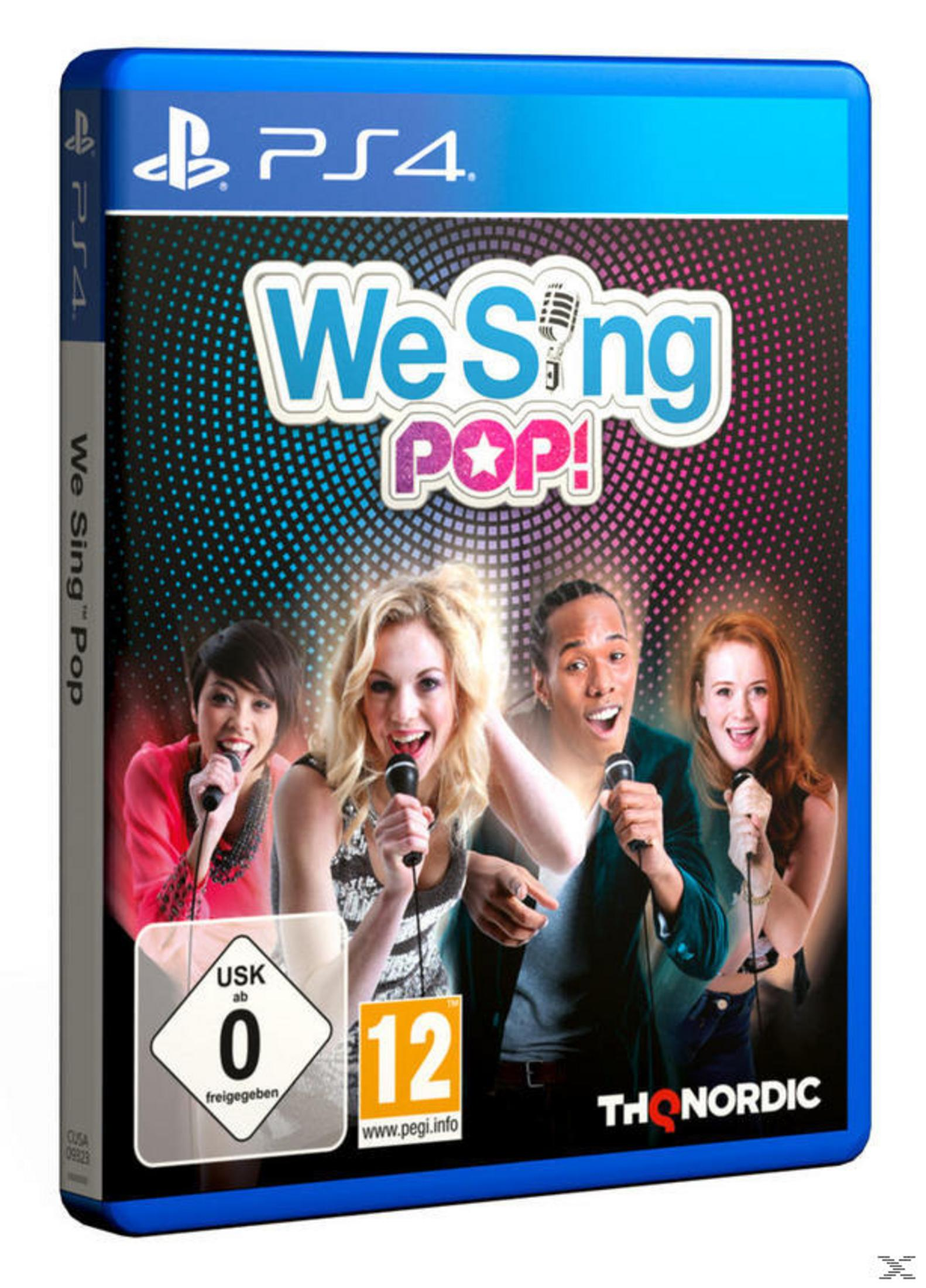 We Sing Pop!-Spielcover. Vier Personen singen in Mikrofone.
