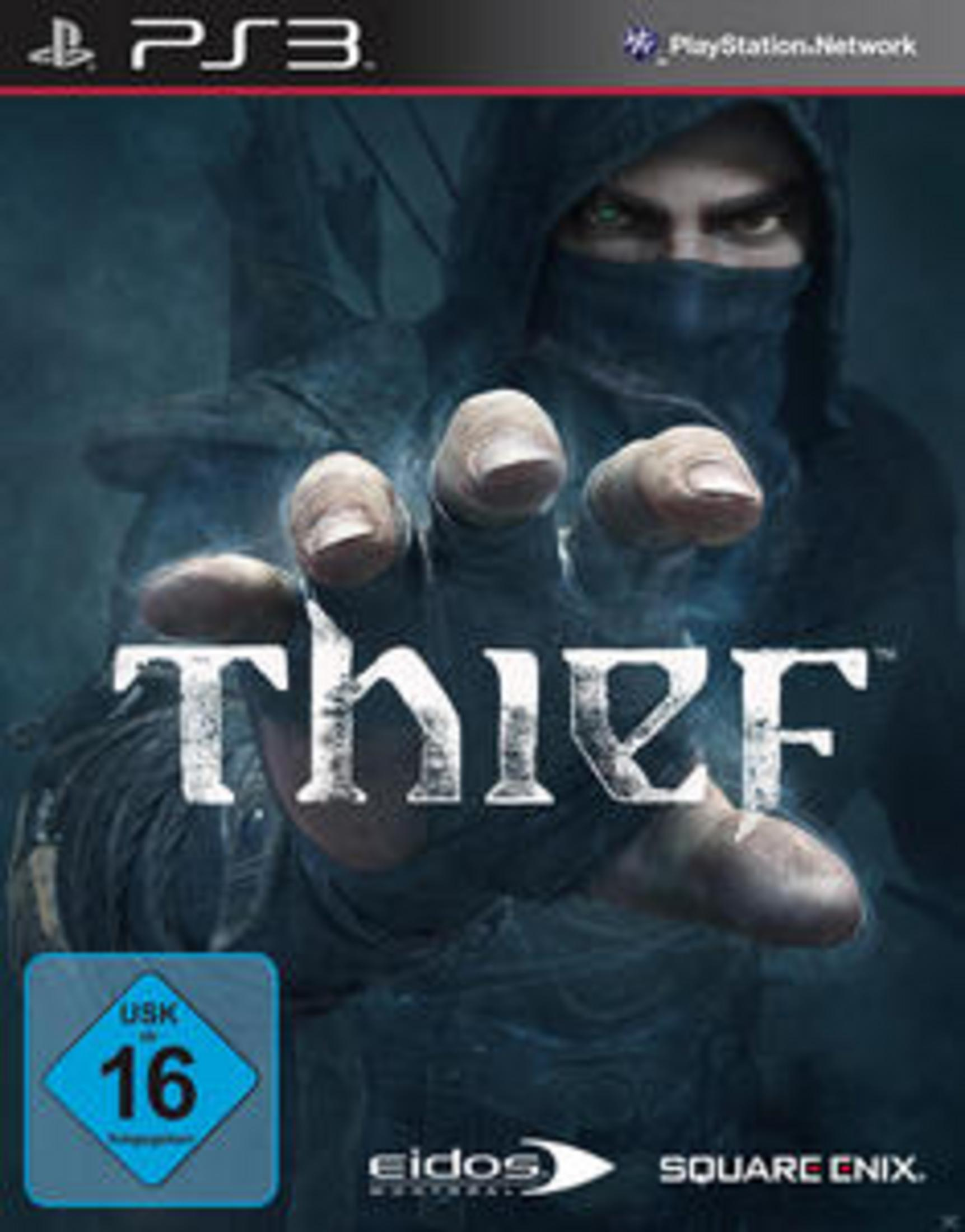 Thief-Spielcover. Ein Mann mit Kapuze, der sich dem Betrachter zuwendet.