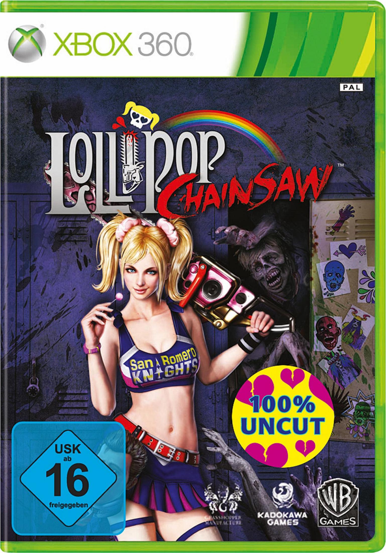 Lollipop Chainsaw-Spielcover mit einem blonden Cheerleader, der eine Kettensäge hält, mit Zombie-Elementen.
