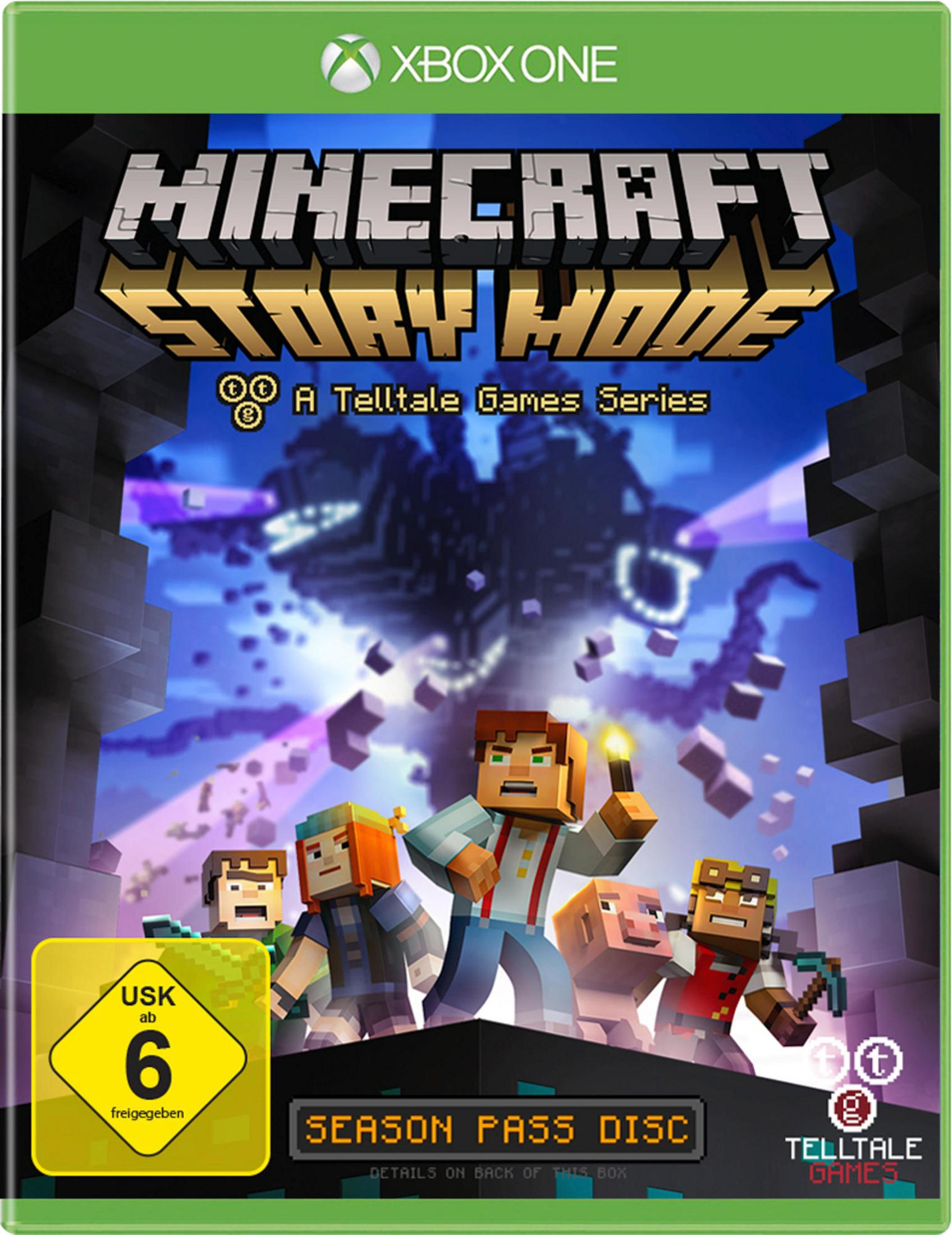 Minecraft: Story Mode-Spielcover mit Charakteren vor einem blockartigen, dunkelblauen Hintergrund.