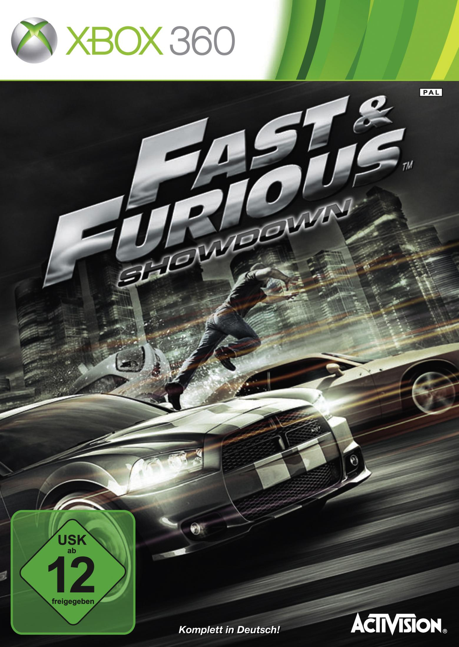 Fast & Furious: Showdown-Spielcover, das einen Mann zeigt, der in einer Stadt zwischen Autos springt.