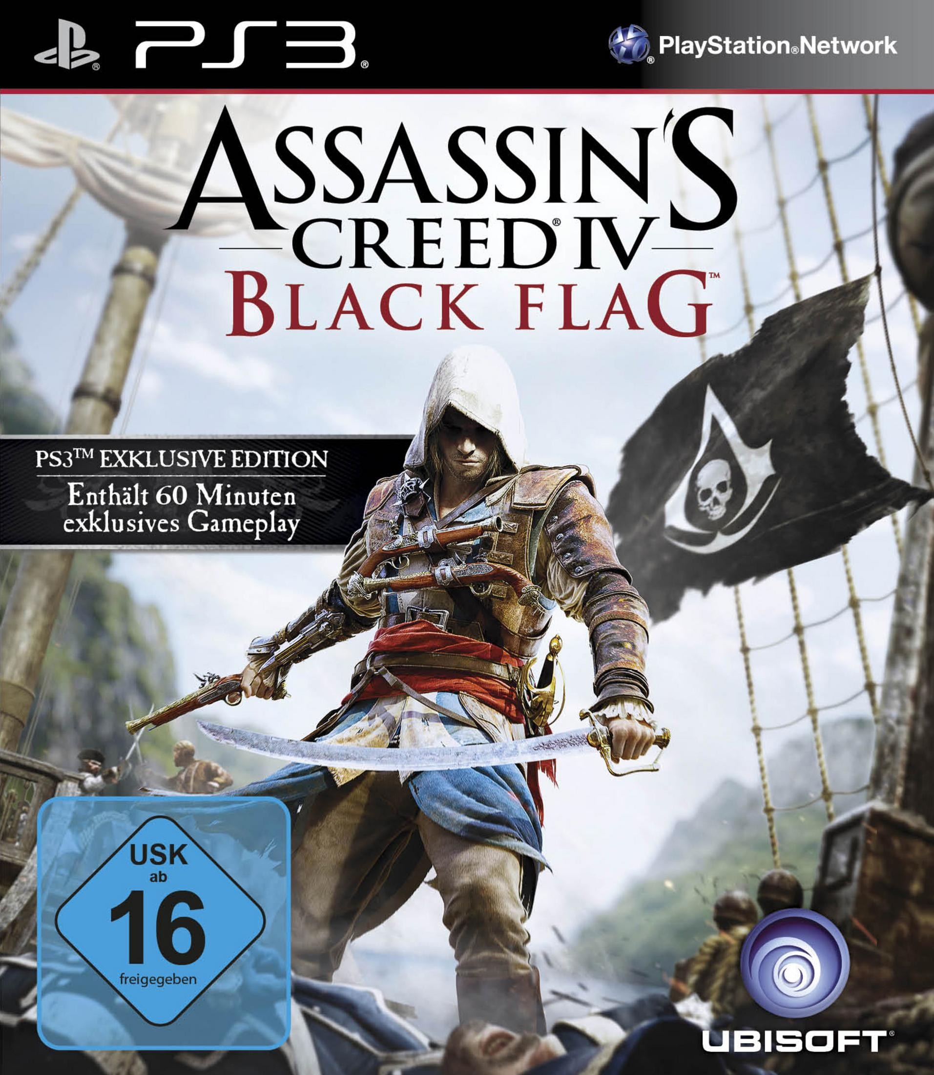 Assassin's Creed IV: Black Flag Spielcover mit einem Assassinen mit Kapuze, der Schwerter vor einem Piratenflaggenhintergrund schwingt.