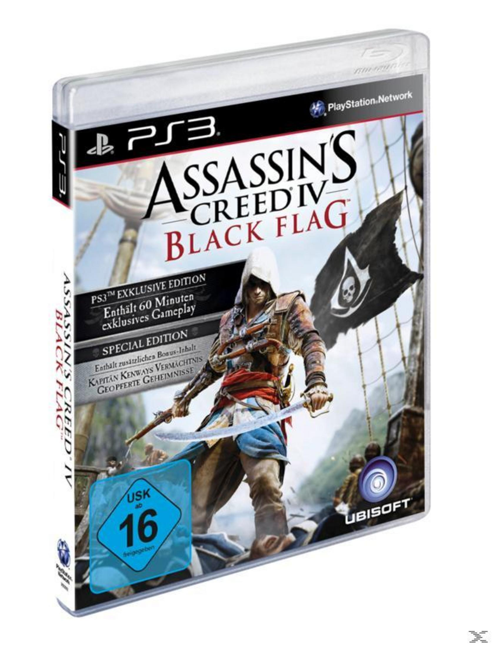 Assassin's Creed IV: Black Flag Spielcover mit einem Assassinen mit Kapuze, der Schwerter vor einem Piratenflaggenhintergrund schwingt.
