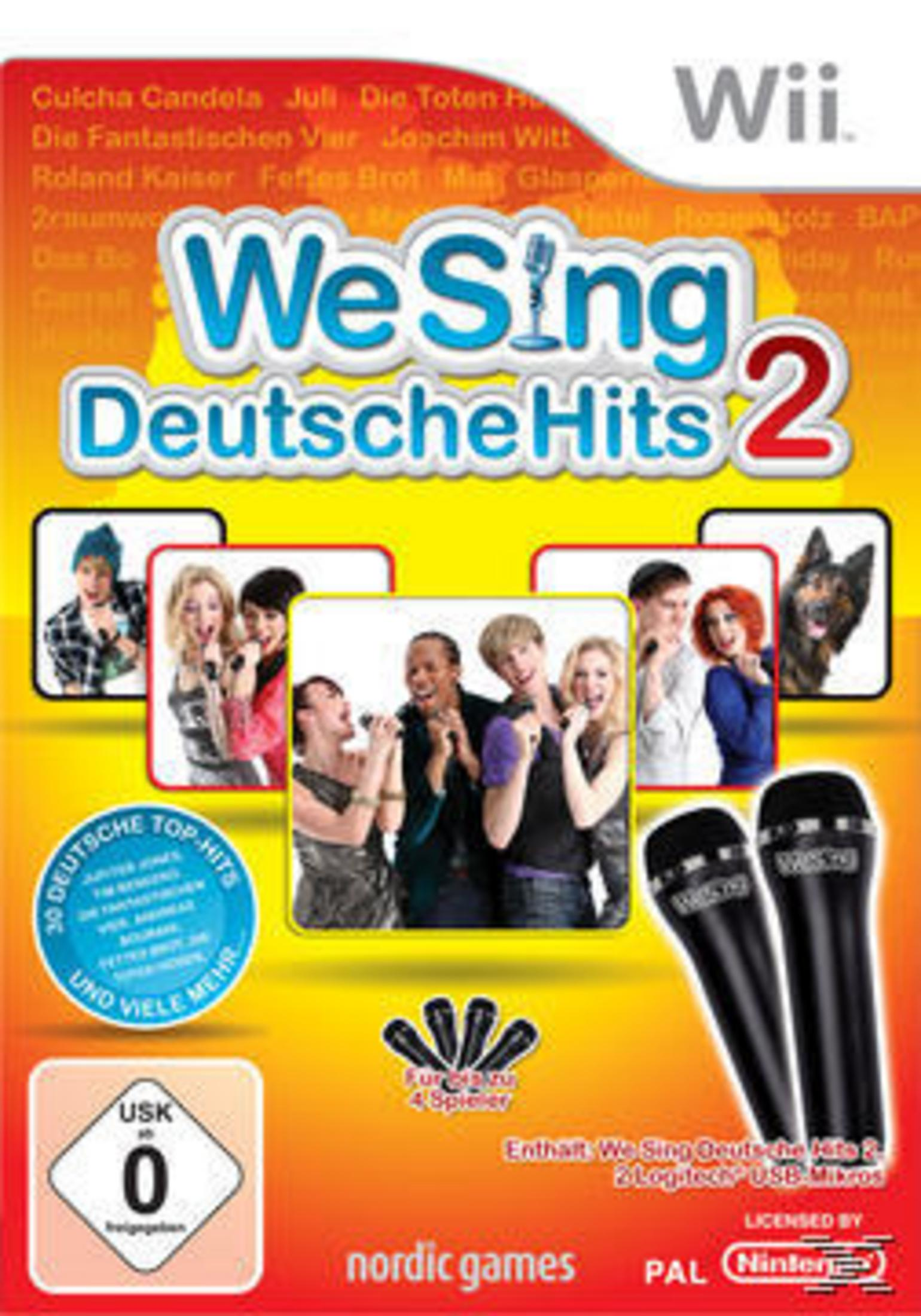 We Sing Deutsche Hits 2-Spielcover mit Sängern und Mikrofonen auf gelbem Hintergrund.