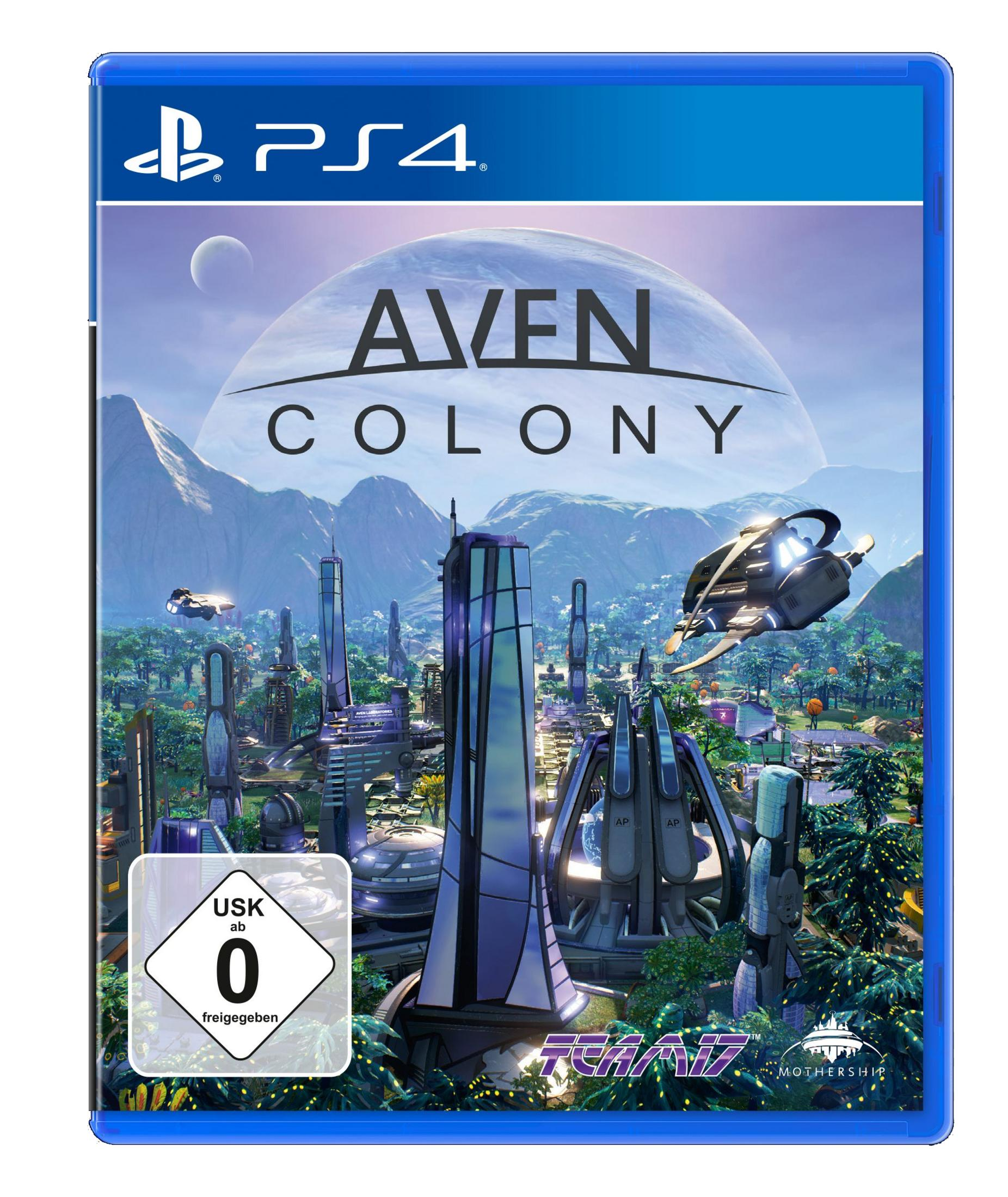 Das Aven Colony-Spielcover zeigt futuristische Gebäude und fliegende Schiffe auf einem fremden Planeten.