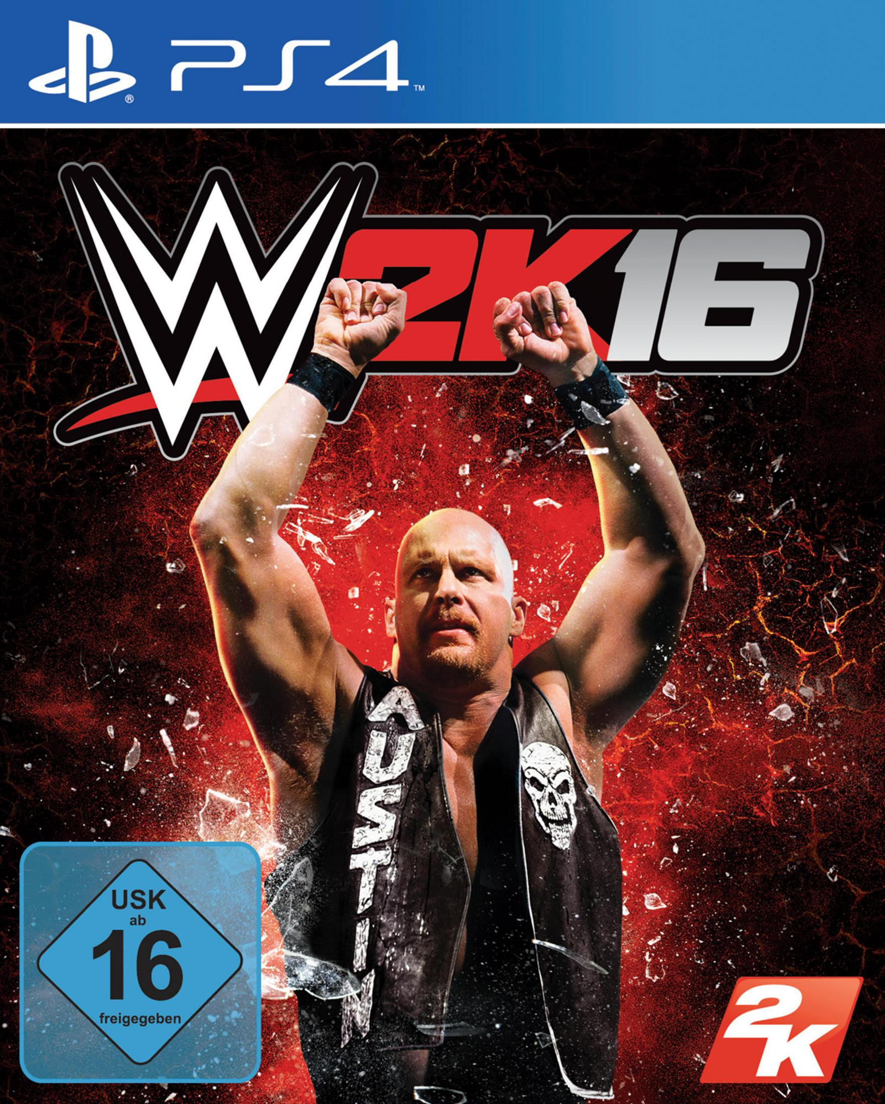 WWE 2K16-Spielcover mit einem Wrestler mit erhobenen Armen vor einem rot-schwarzen Hintergrund.