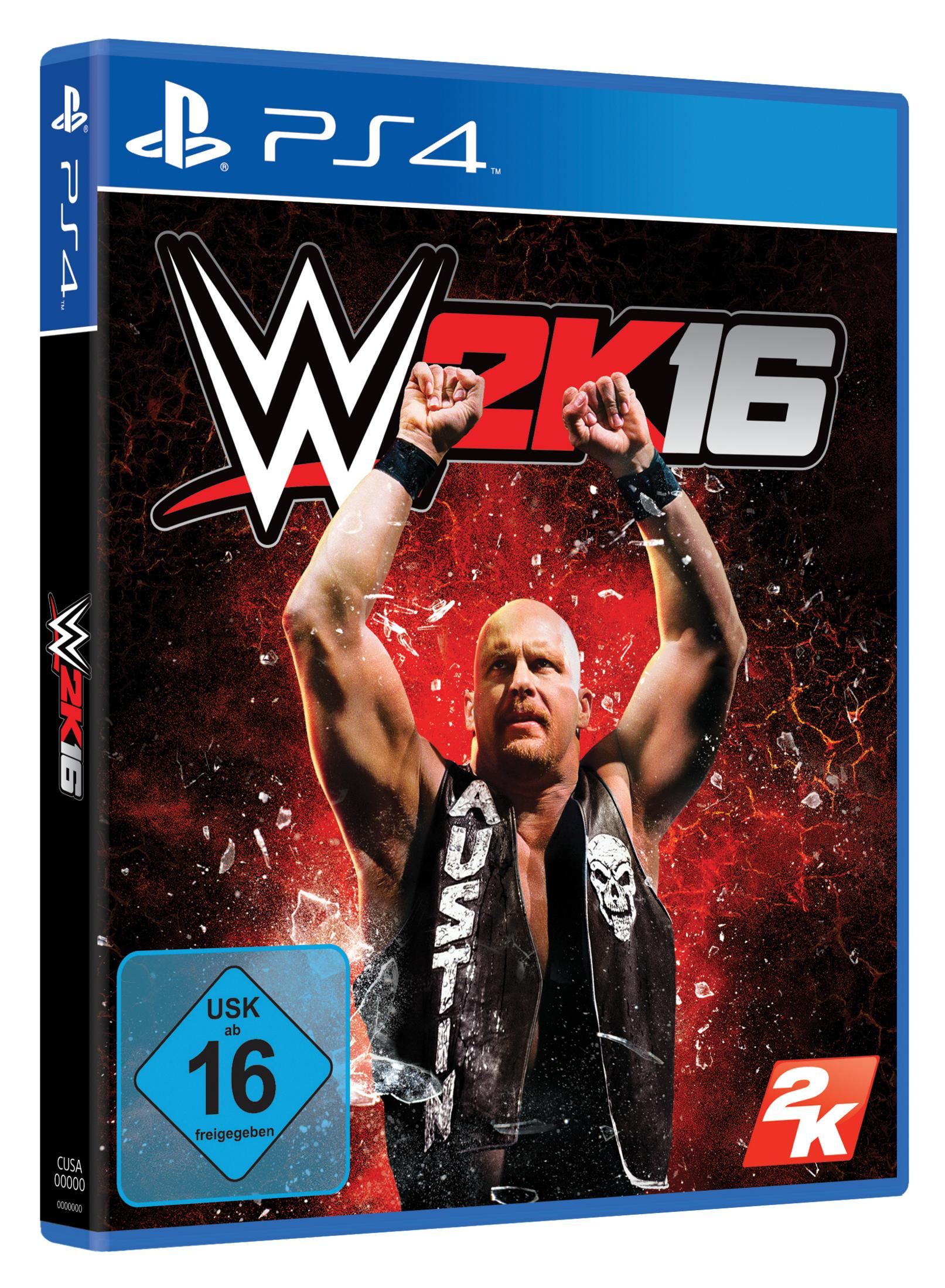 WWE 2K16-Spielcover mit einem Wrestler mit erhobenen Armen vor einem rot-schwarzen Hintergrund.