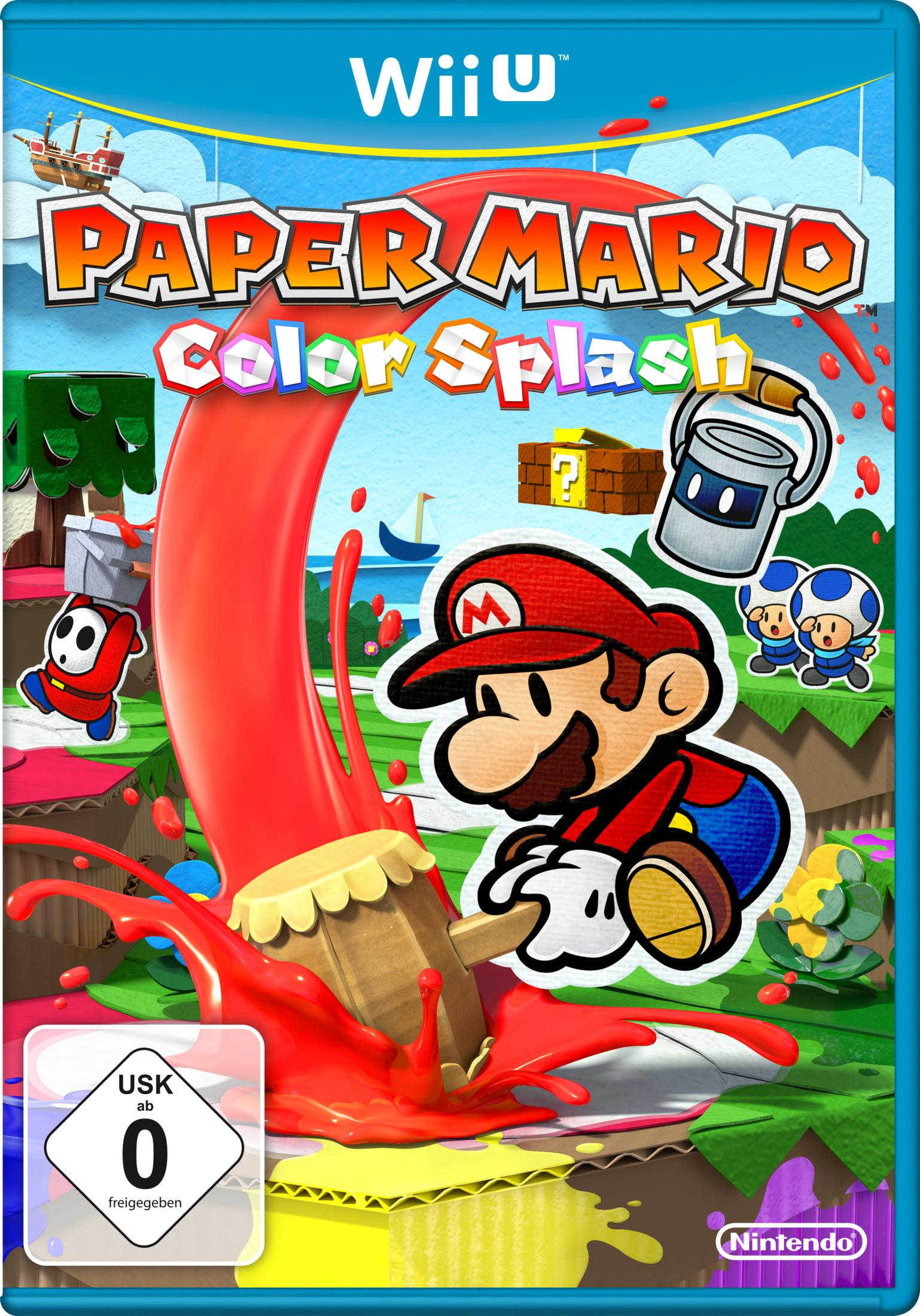 Okładka gry Paper Mario: Color Splash przedstawiająca Mario z pędzlem i kolorowymi plamami.
