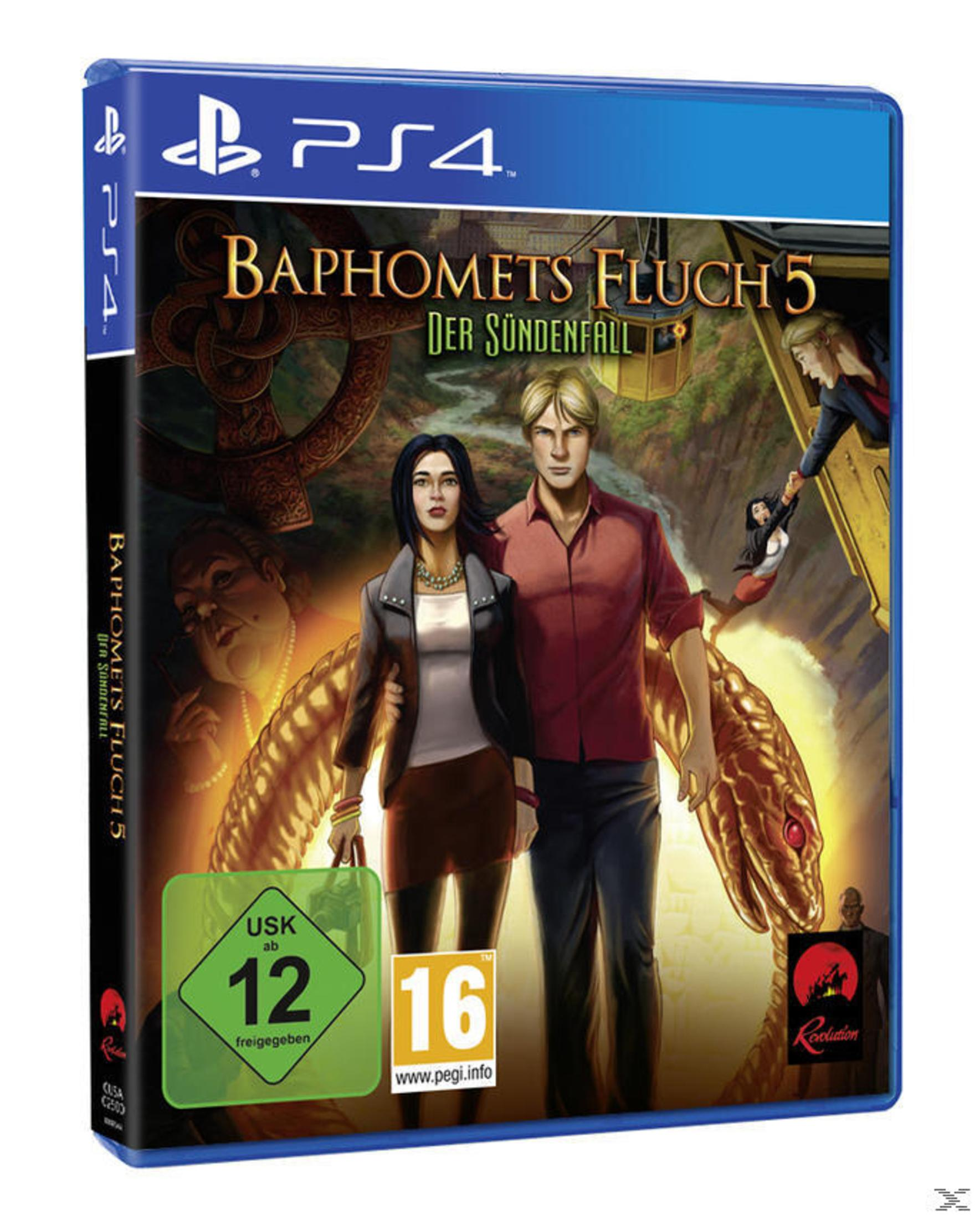 La copertina di 'Baphomets Fluch 5' mostra un uomo e una donna con un serpente. È una custodia blu per giochi PlayStation 4.