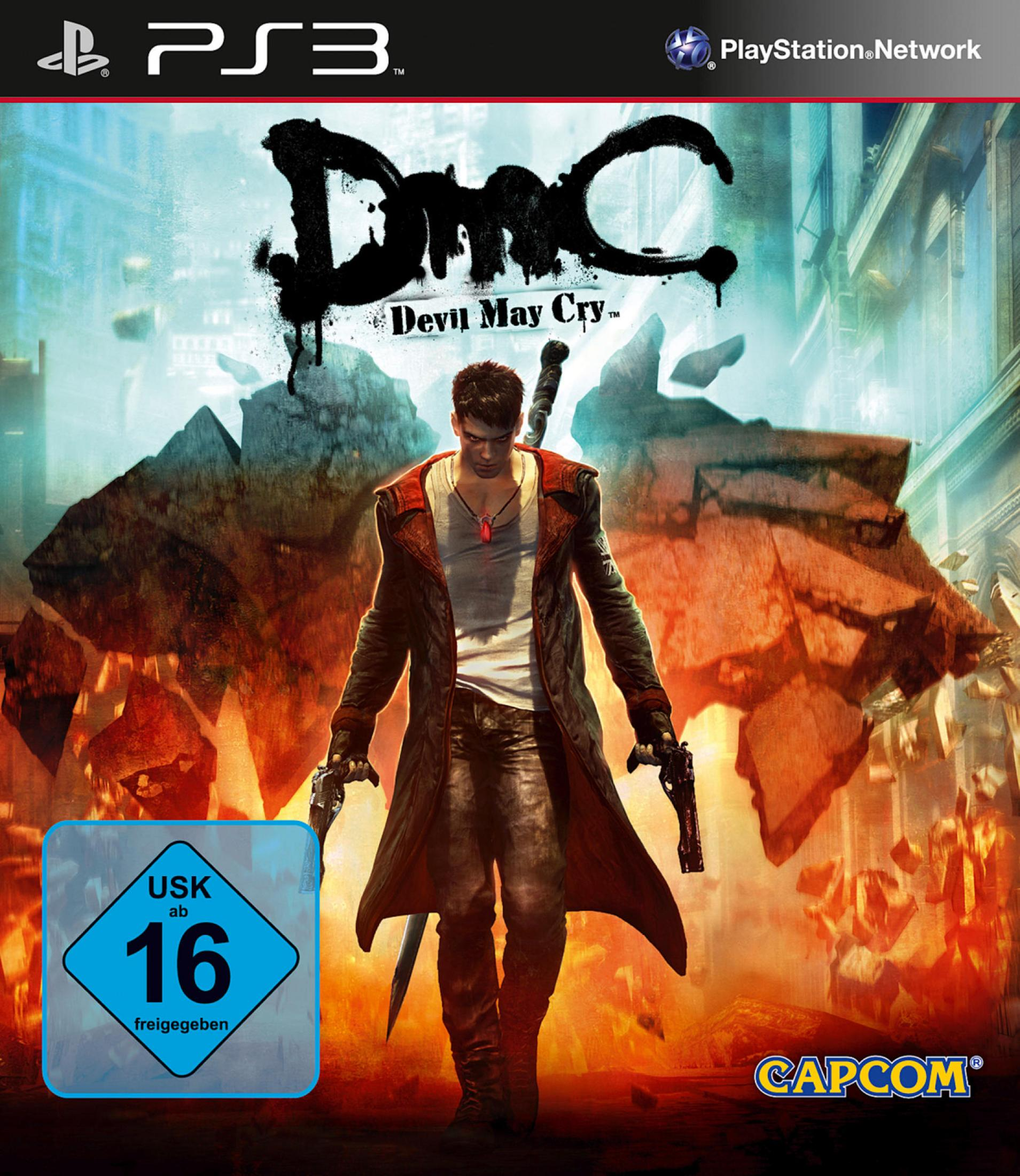 Das Cover von 'DmC Devil May Cry' zeigt einen Mann mit Waffen. Eine PlayStation 3-Spielhülle mit USK 16-Kennzeichnung auf dem Cover.