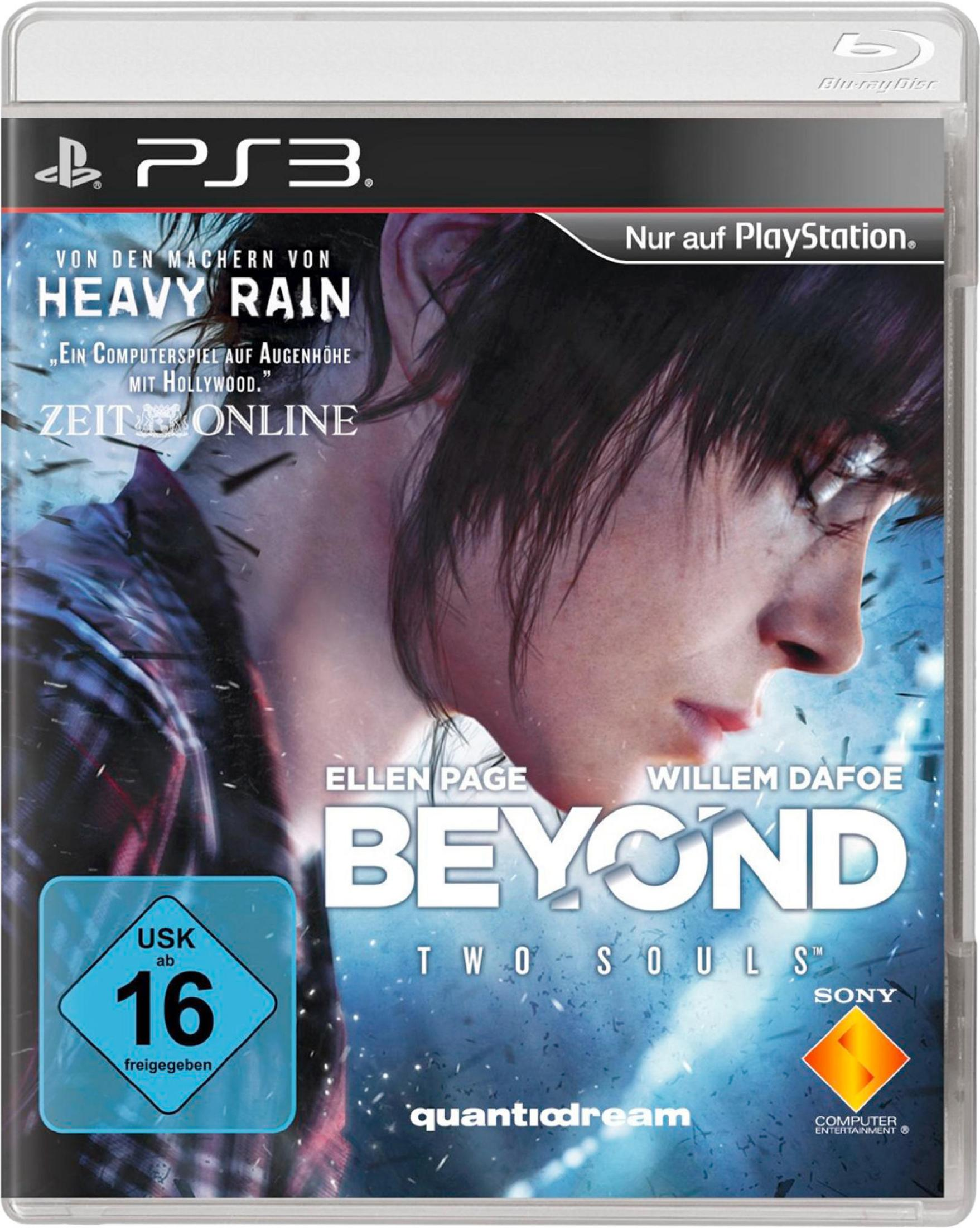 Spielcover mit Ellen Page für Beyond Two Souls auf PS3, mit einem blau-weißen Farbschema.