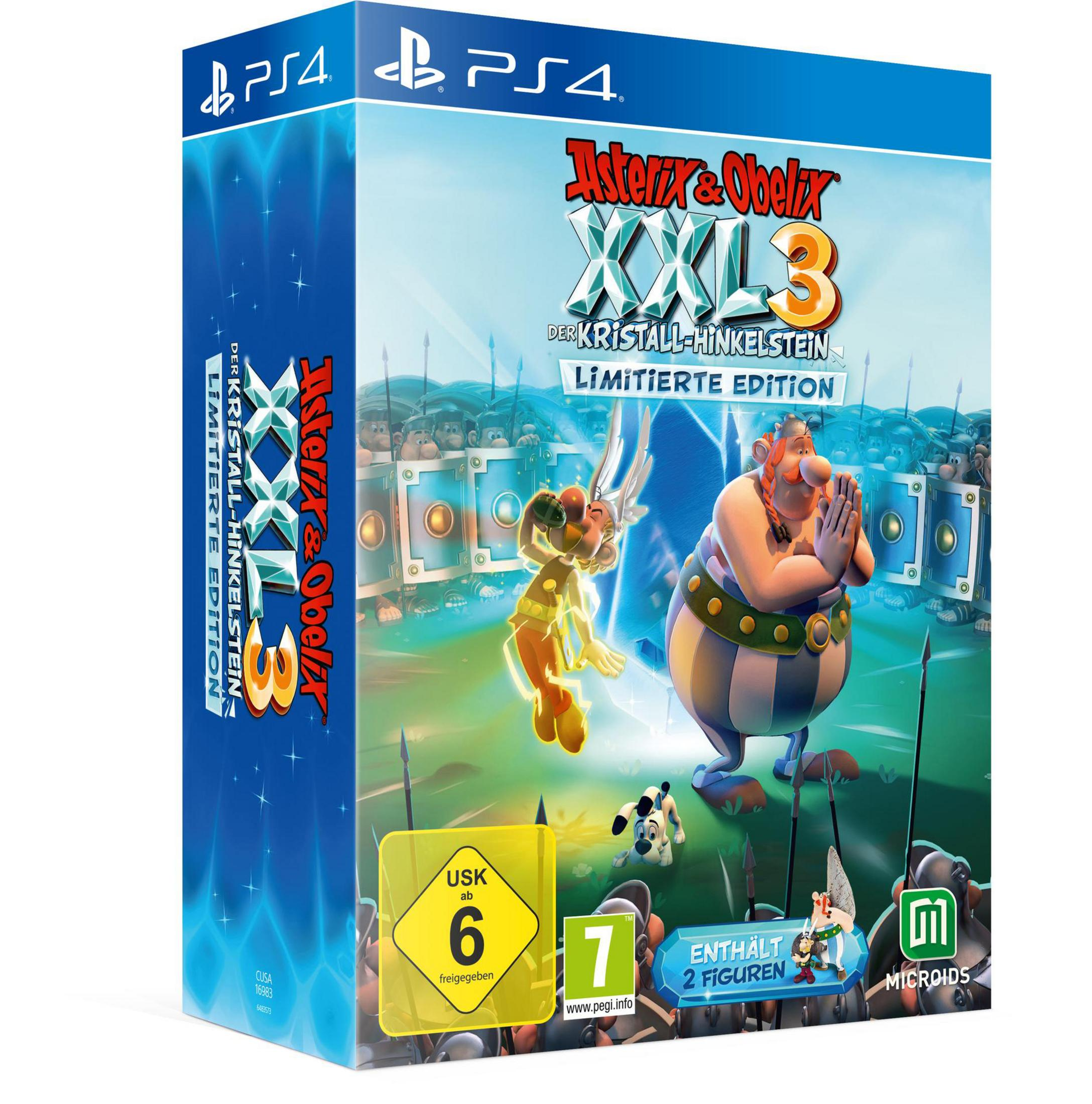 Asterix & Obelix XXL3 Spielbox. Asterix und Obelix heben sich vor Soldaten und einem blauen Kristallhintergrund ab.