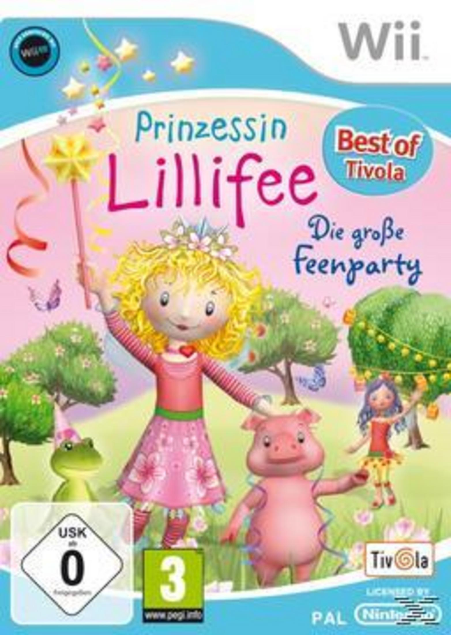 Prinzessin Lillifee Spielcover. Eine blonde Fee mit Zauberstab steht neben einem Schwein und Frosch in einem Blumenkleid.