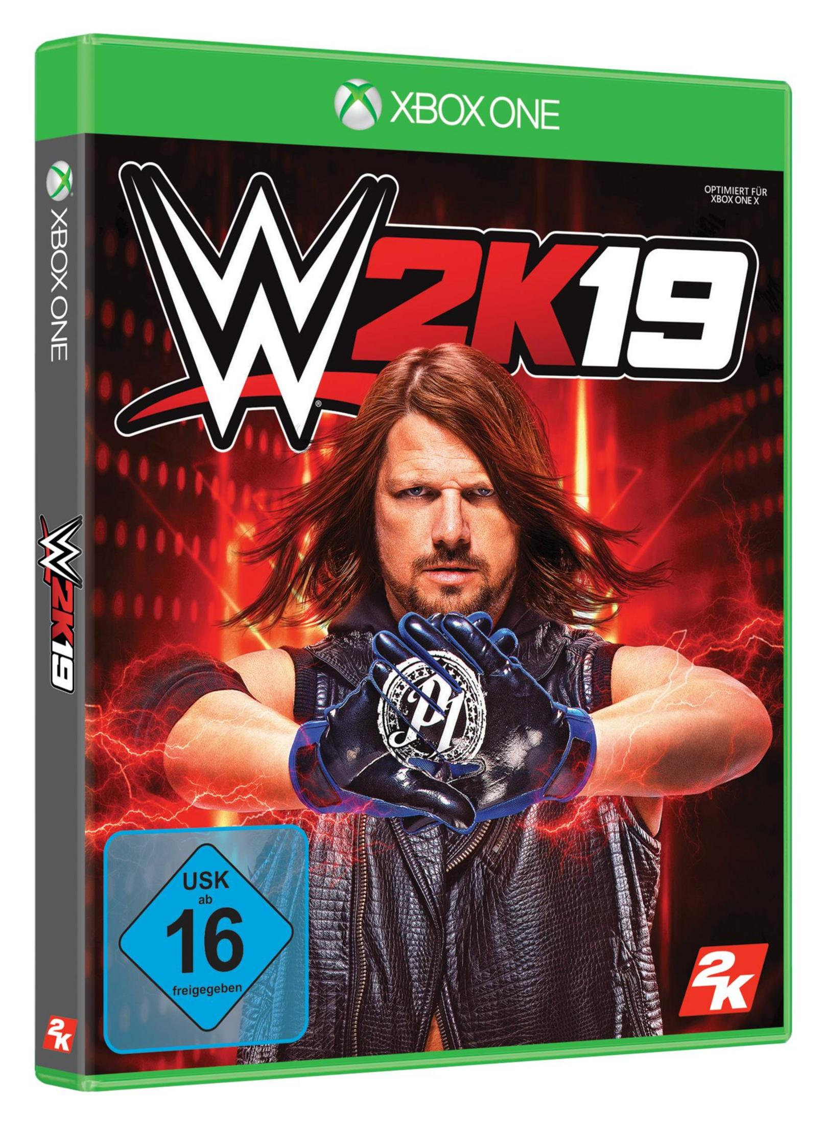 WWE 2K19 Spielbox. Ein Wrestler mit langen Haaren ist zentriert. Blitzeffekte und das Spiellogo sind sichtbar.