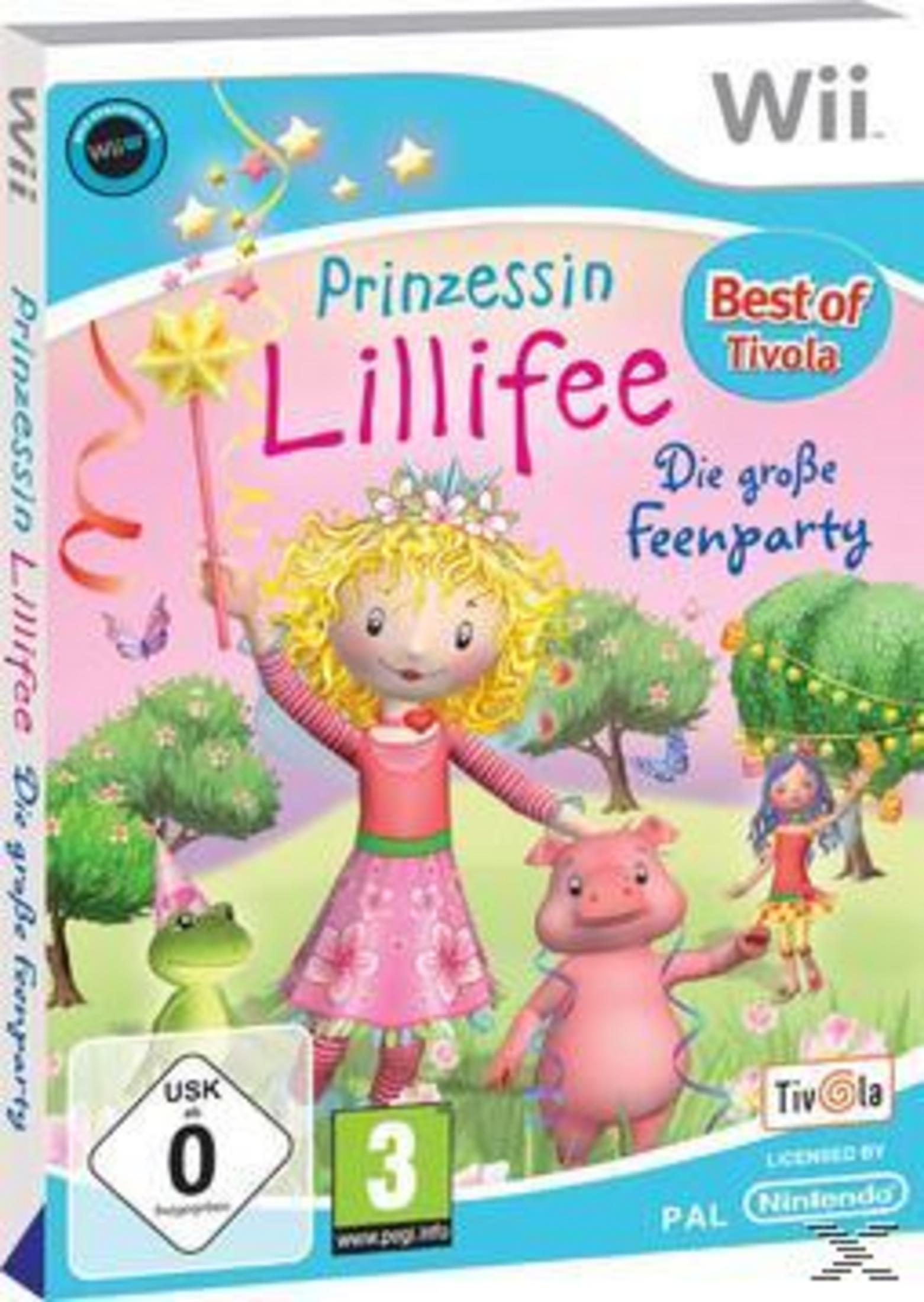 Prinzessin Lillifee Wii Spielbox. Eine blonde Fee mit Zauberstab steht neben einem Schwein und Frosch in einem Blumenkleid.