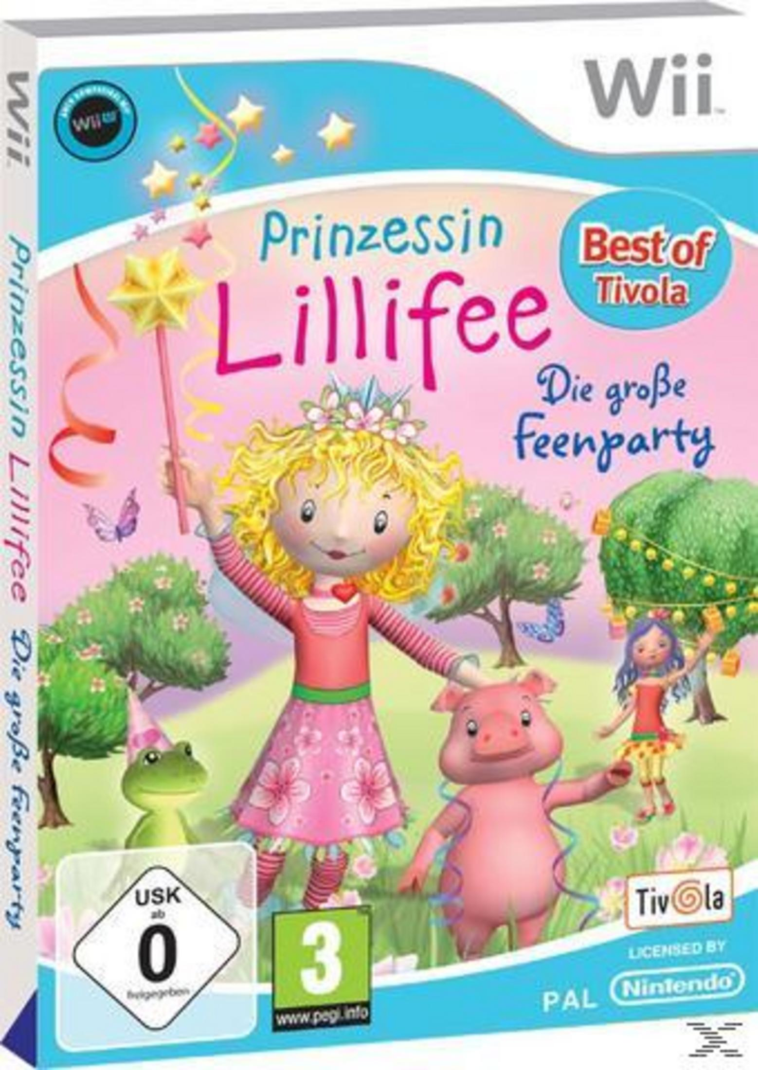 Prinzessin Lillifee Wii Spielbox. Eine blonde Fee mit Zauberstab steht neben einem Schwein und Frosch in einem Blumenkleid.
