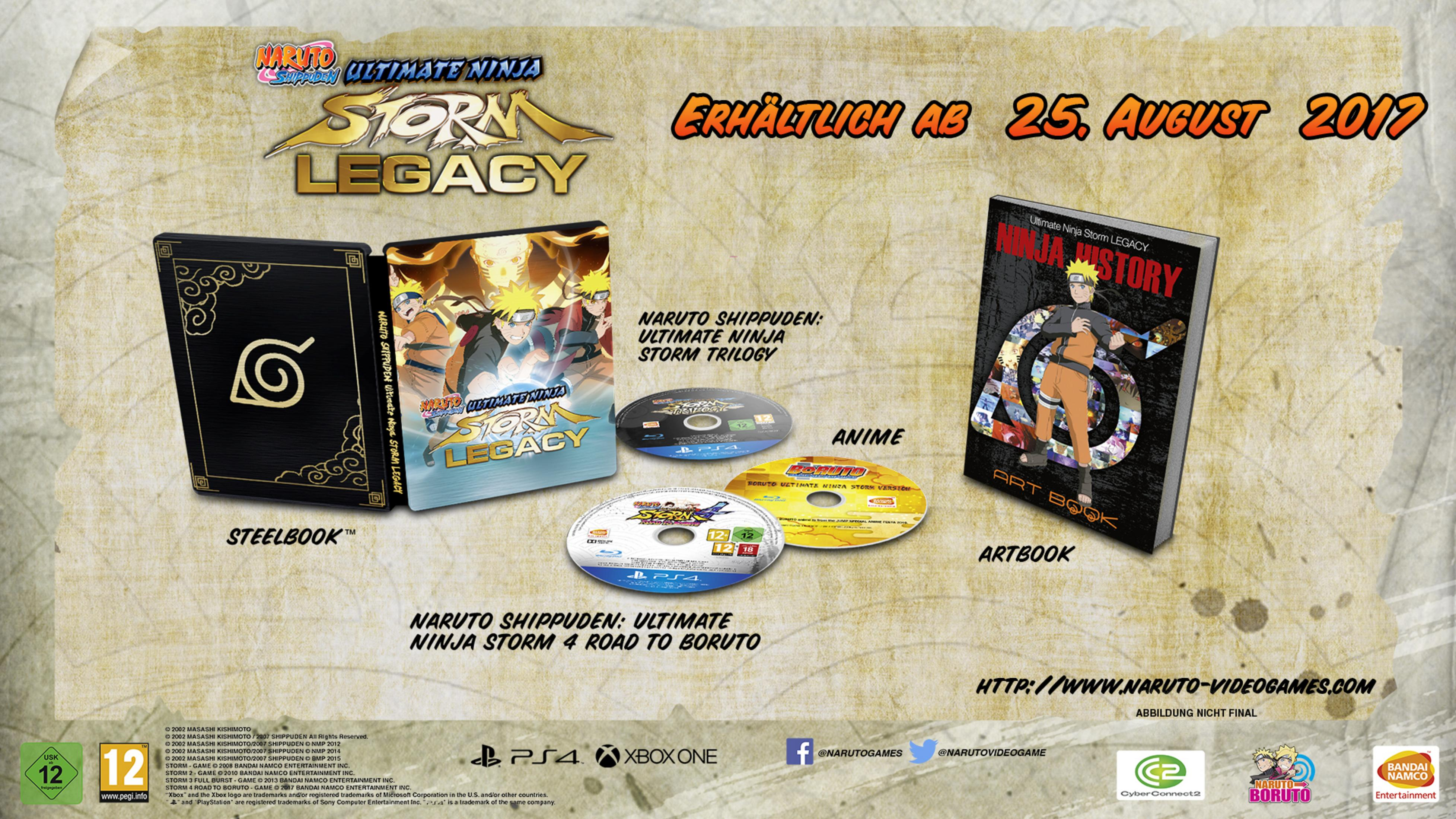 Werbebild für Naruto Shippuden: Ultimate Ninja Storm Legacy, das das Spielepaket und Bonusinhalte zeigt.
