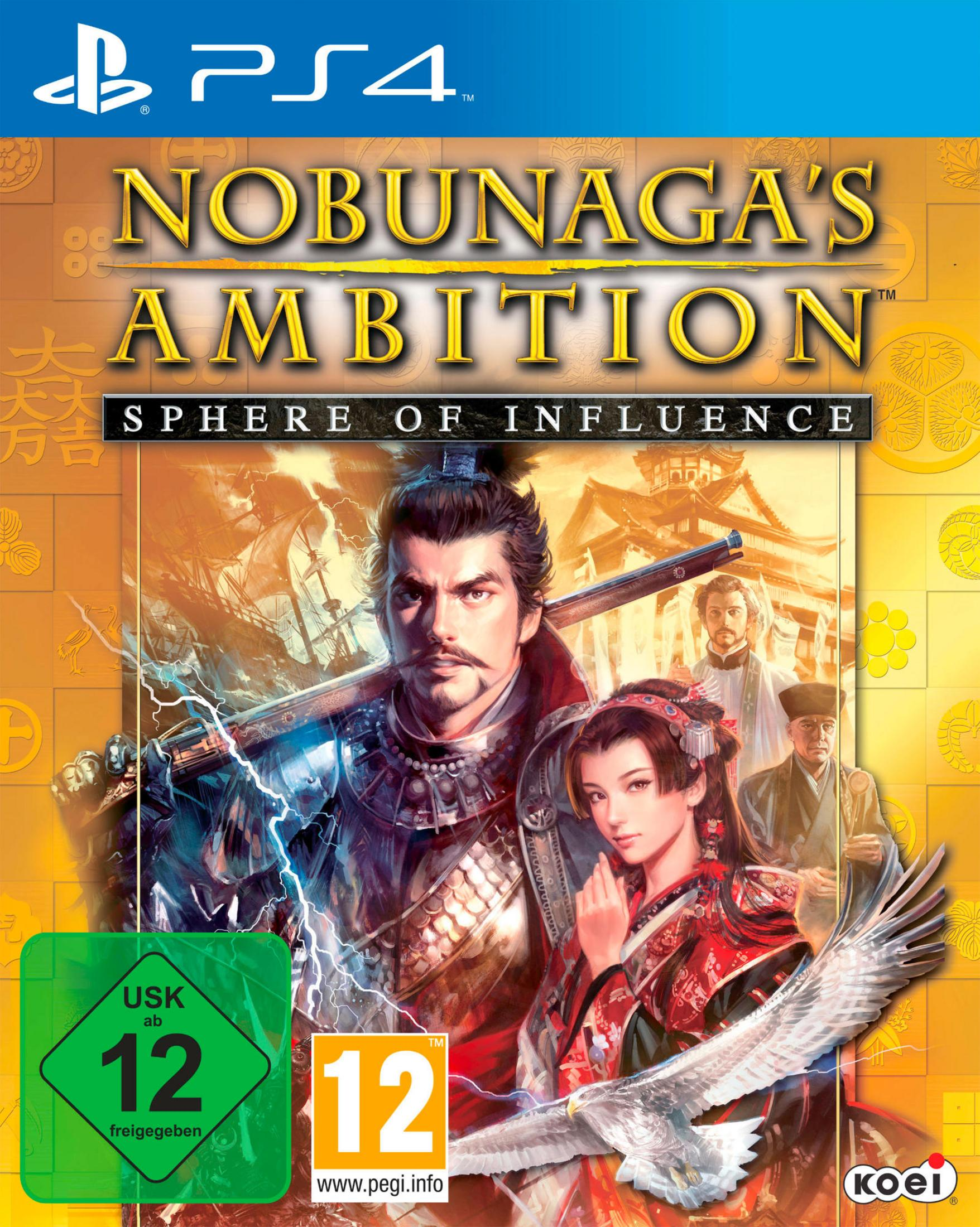 Spielcover für Nobunaga's Ambition: Sphere of Influence. Zeigt Charaktere in traditioneller japanischer Kleidung.