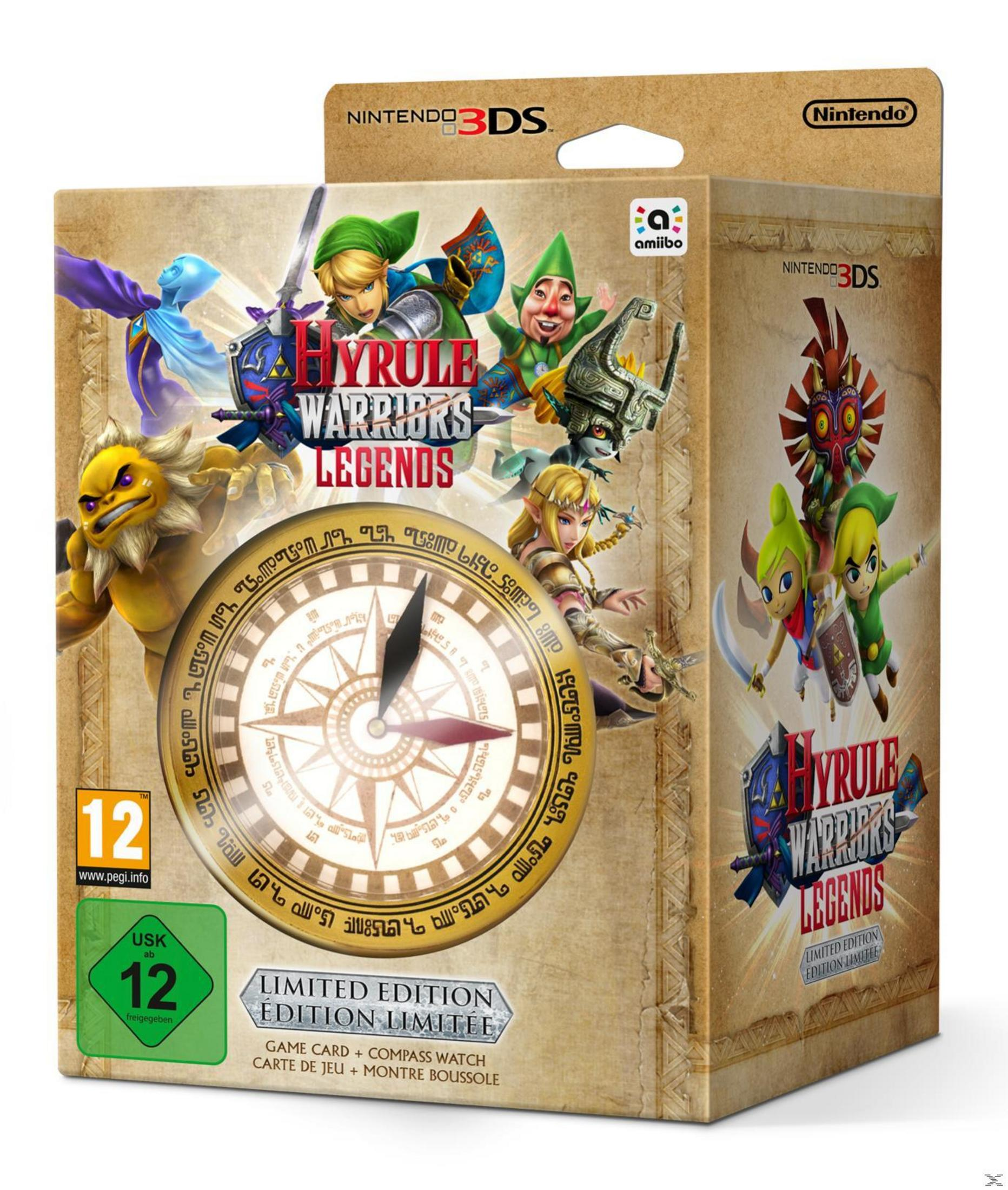 Hyrule Warriors Legends für Nintendo 3DS zeigt Link- und Zelda-Charaktere auf einer Box mit Kompassdesign.