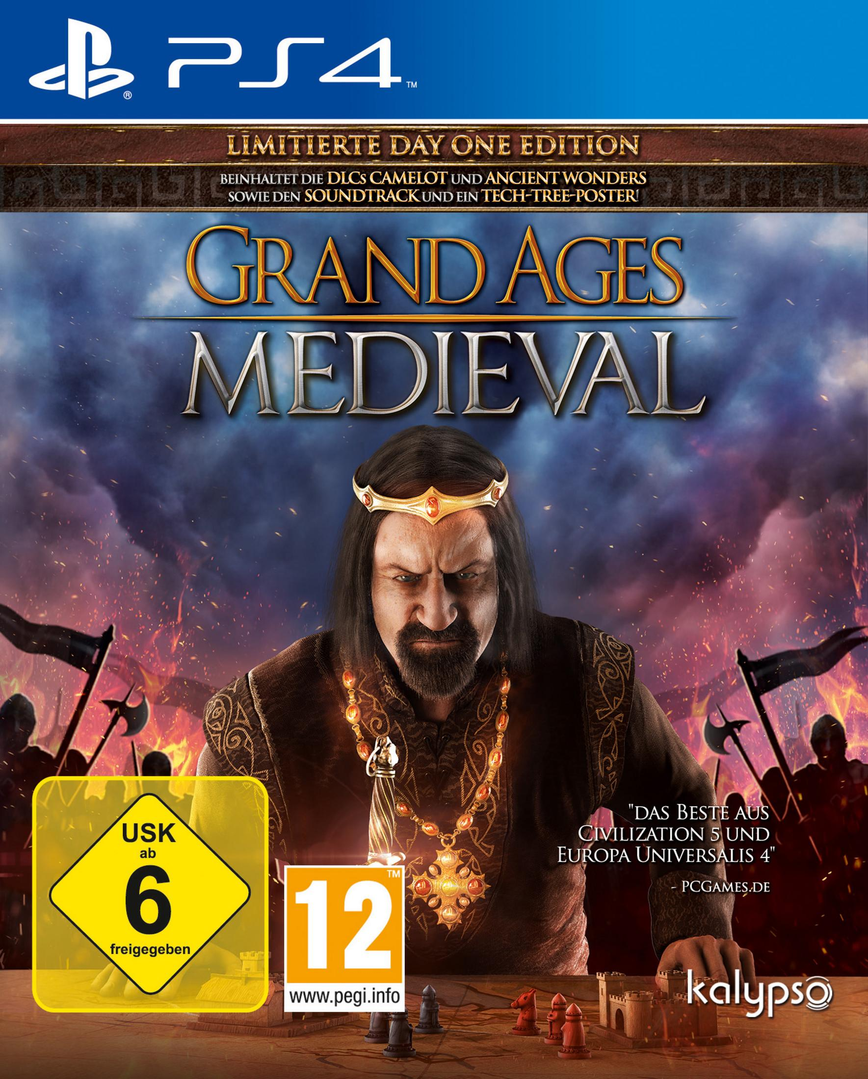 Das Cover des Spiels Grand Ages Medieval zeigt einen König in Rüstung mit Soldaten und Belagerungswaffen im Hintergrund.